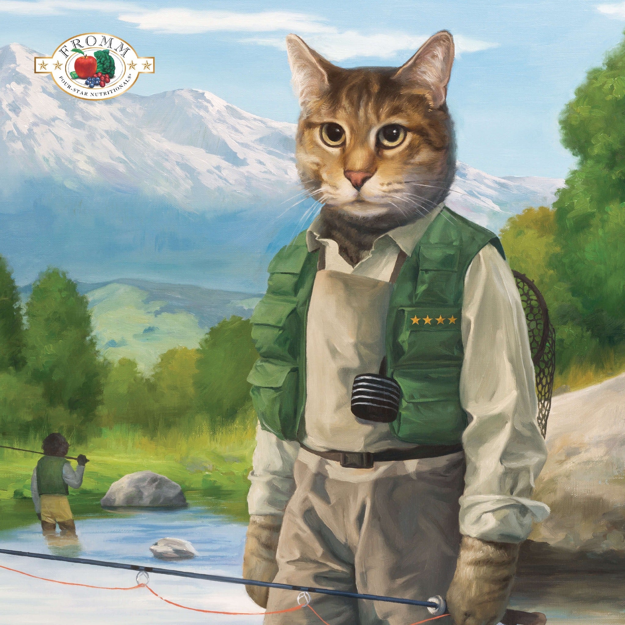 Whimsical Fromm oil painting of a tabby cat fly fishing in a mountain stream