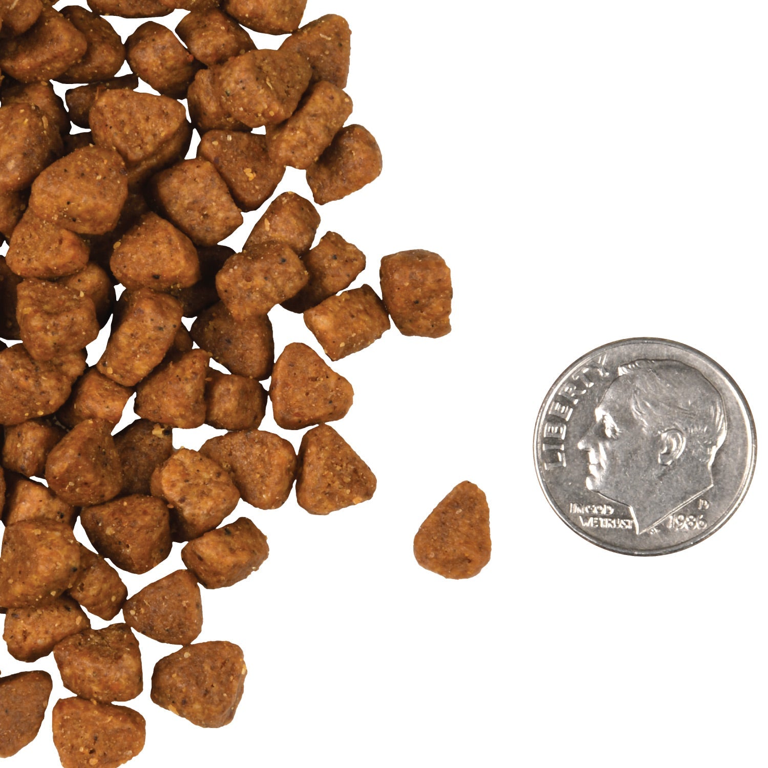 A small pile of Fromm Four-Star Chicken Au Frommage kibble next to a dime for scale