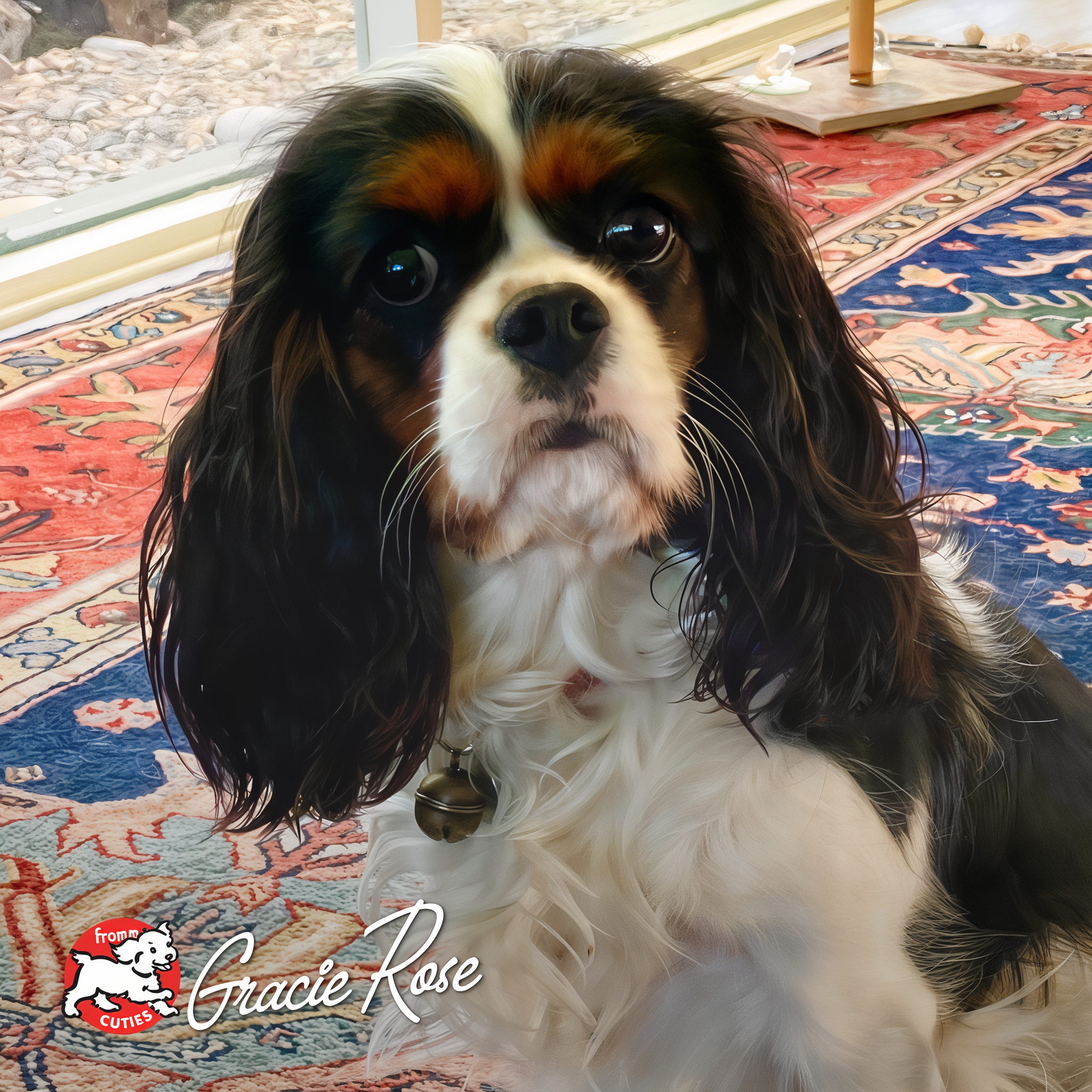 Dog Gracie Rose sitting on an oriental rug, from the Fromm Cuties gallery