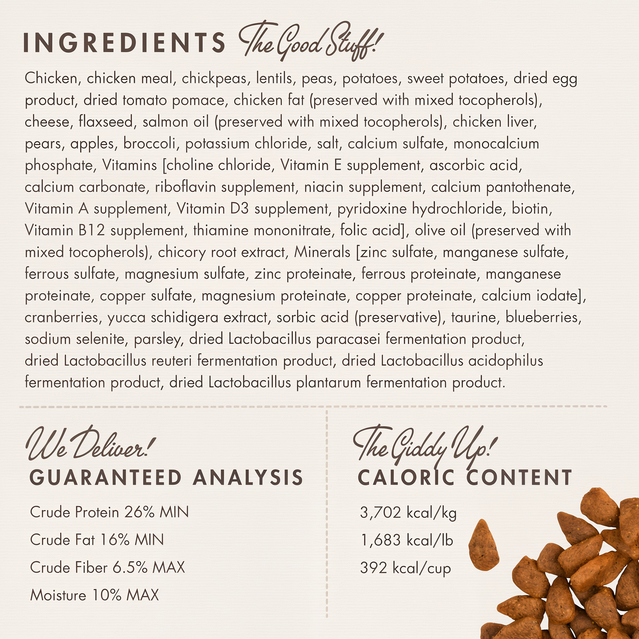 Fromm Chicken Au Frommage ingredients panel with guaranteed analysis and caloric content