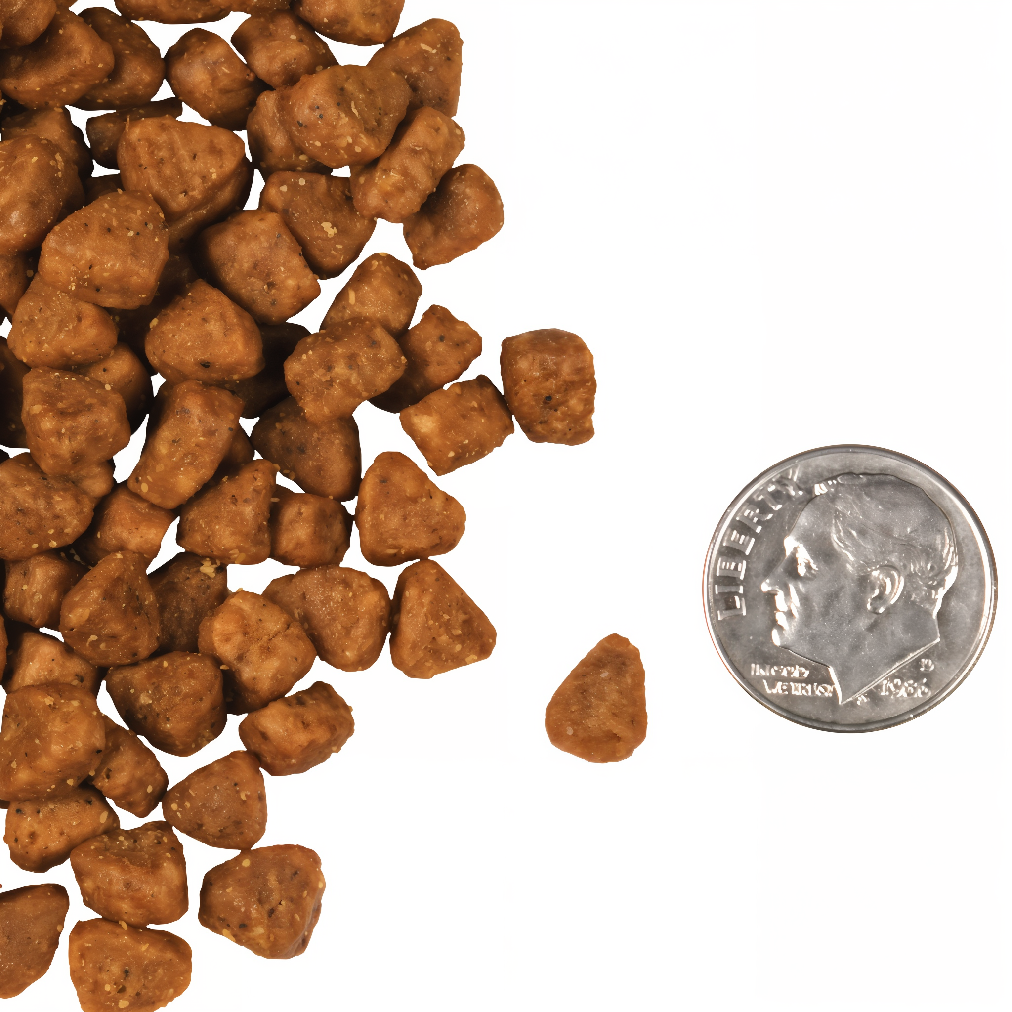 A small pile of Fromm Four-Star Chicken Au Frommage kibble next to a dime for scale