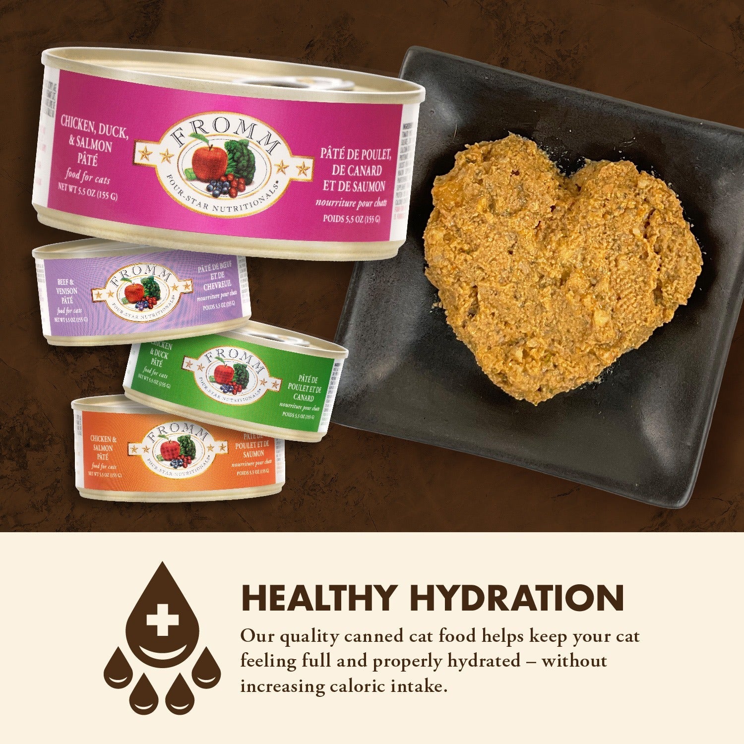 Healthy hydration: Fromm Four-Star Chicken, Duck & Salmon Pâté can atop a stack of Four-Star canned cat food flavors beside a heart-shaped pâté serving