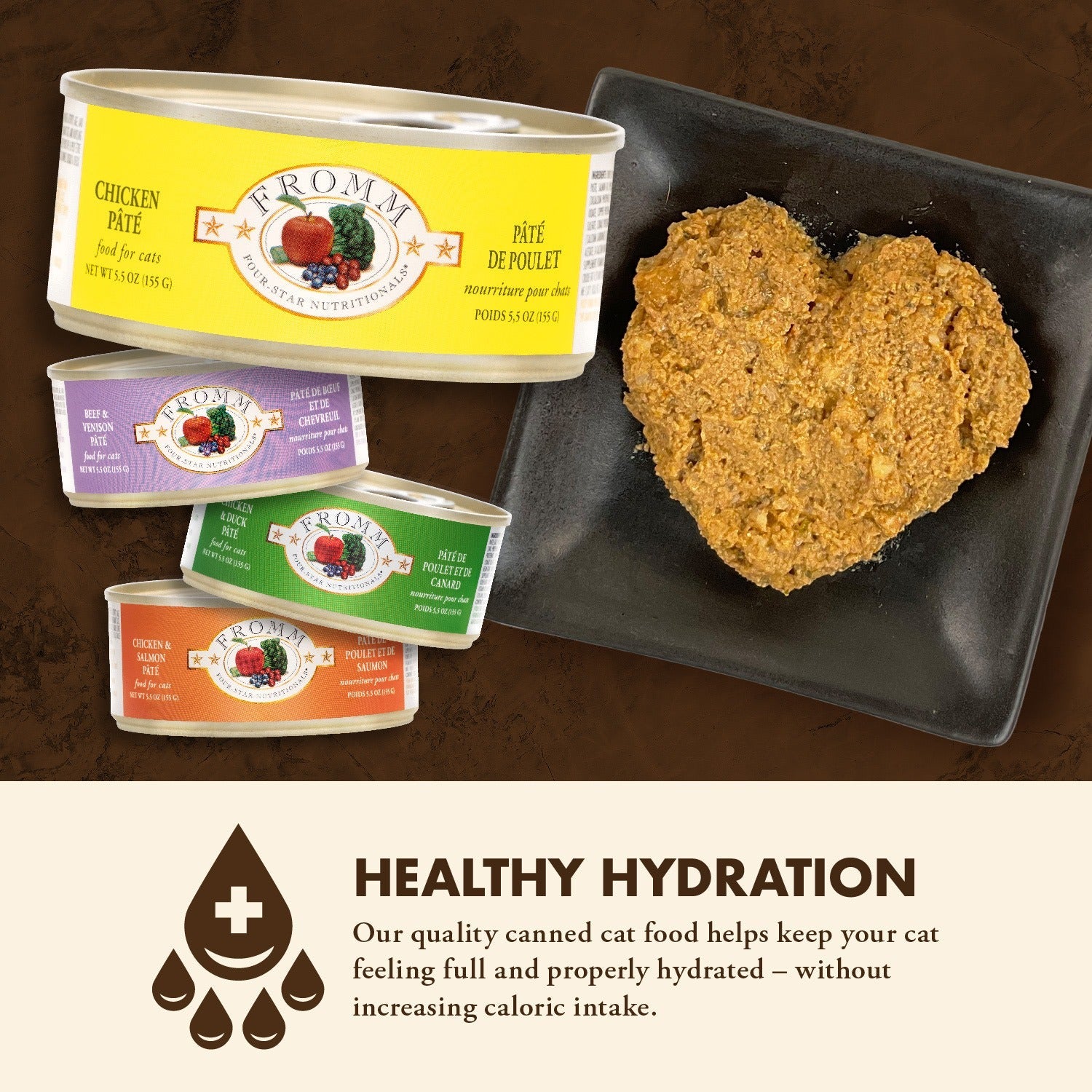 Healthy hydration: Fromm Four-Star Chicken Pâté can atop a stack of Four-Star canned cat food flavors beside a heart-shaped pâté serving