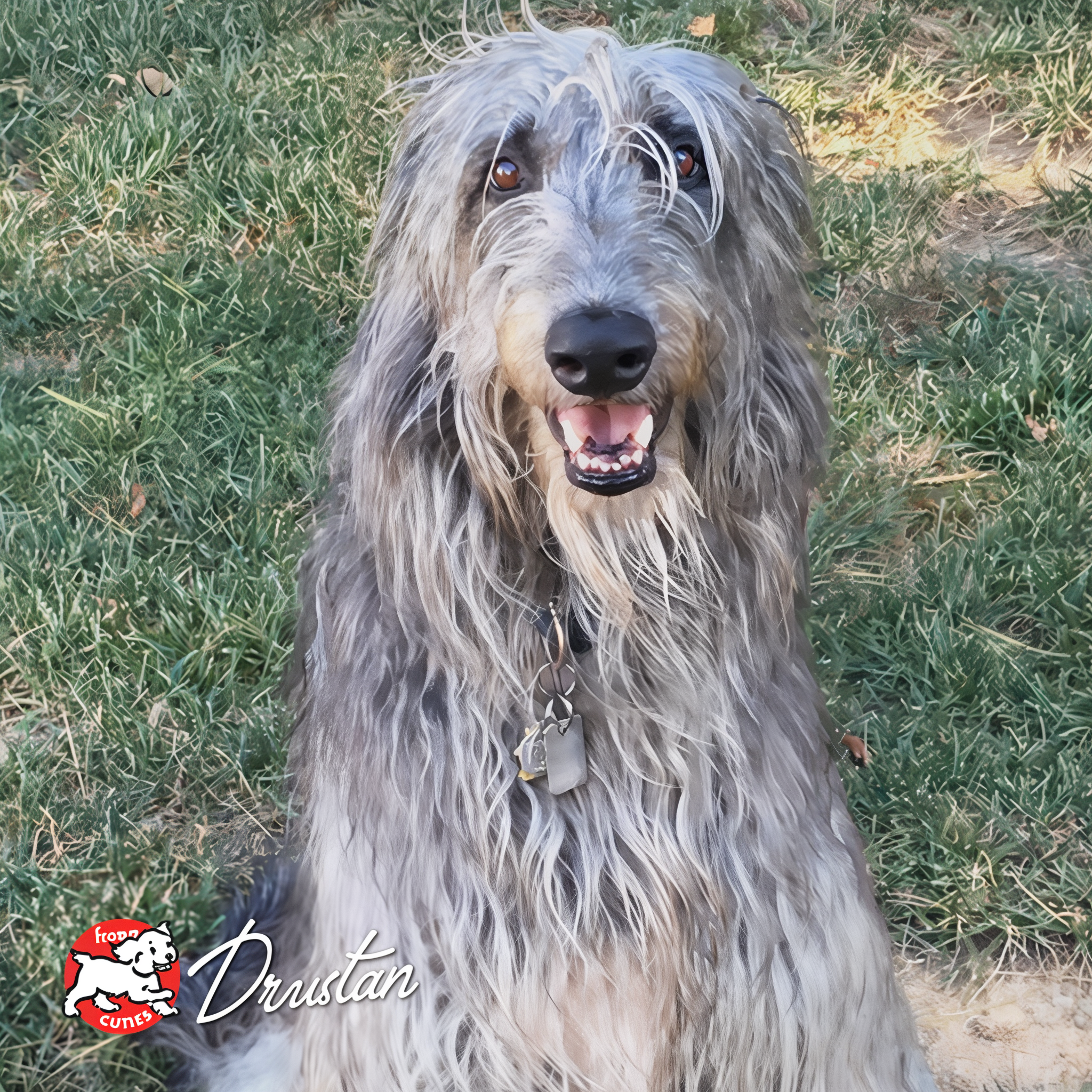 Scottish deerhound Drustan sitting in the grass, from the Fromm Cuties gallery