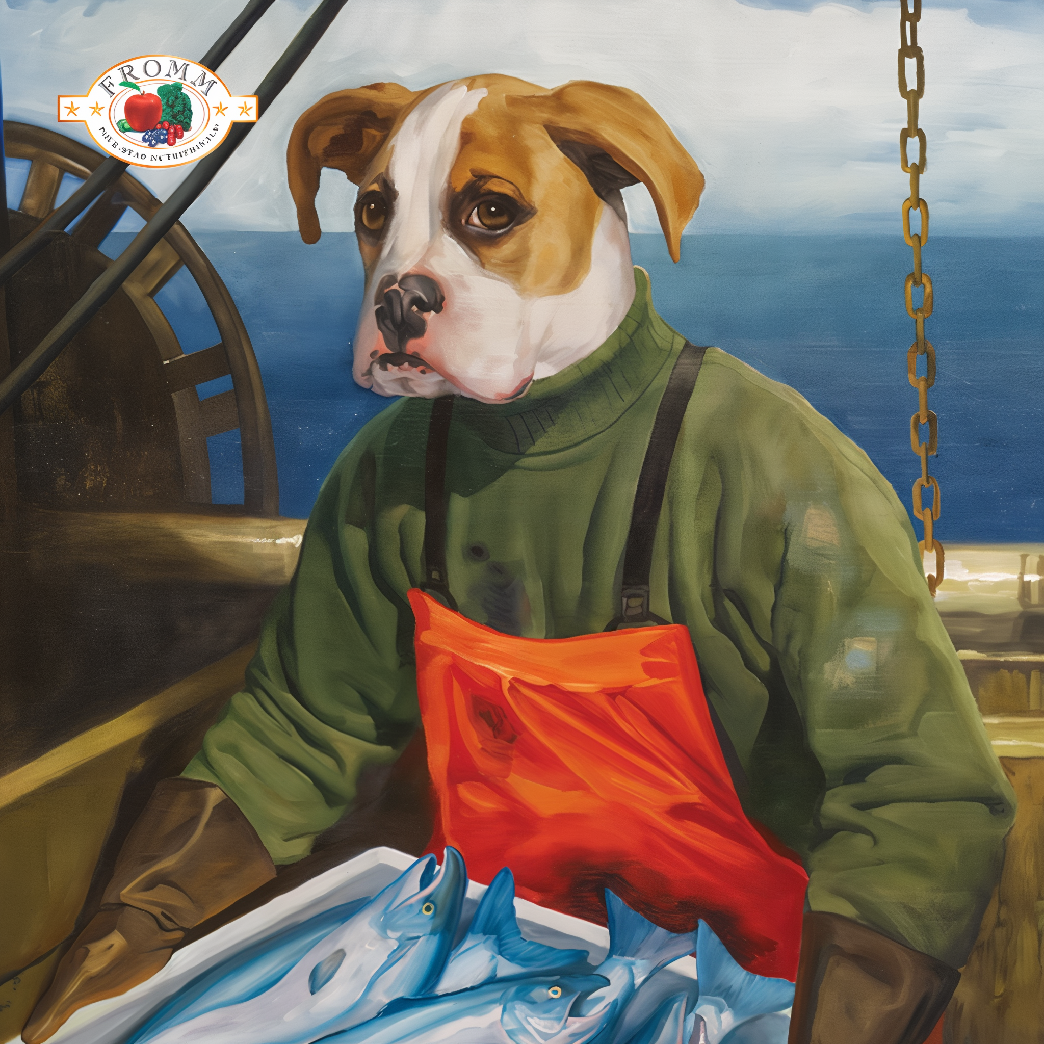 Oil painting of a dog dressed as a fisherman with a crate of fresh fish