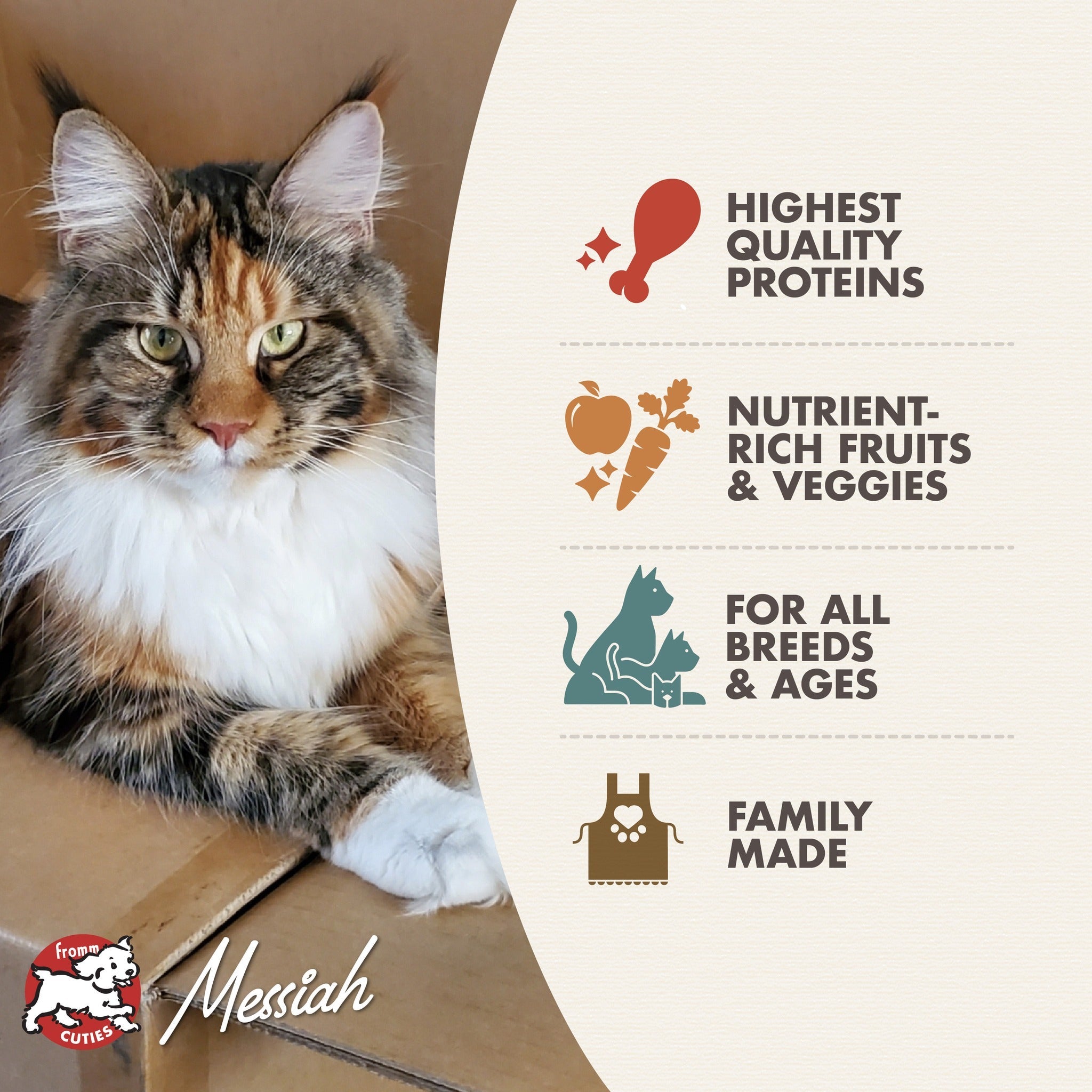 Fromm Four-Star Game Bird benefits: highest quality proteins, nutrient-rich fruits and veggies, for all breeds and ages, family made