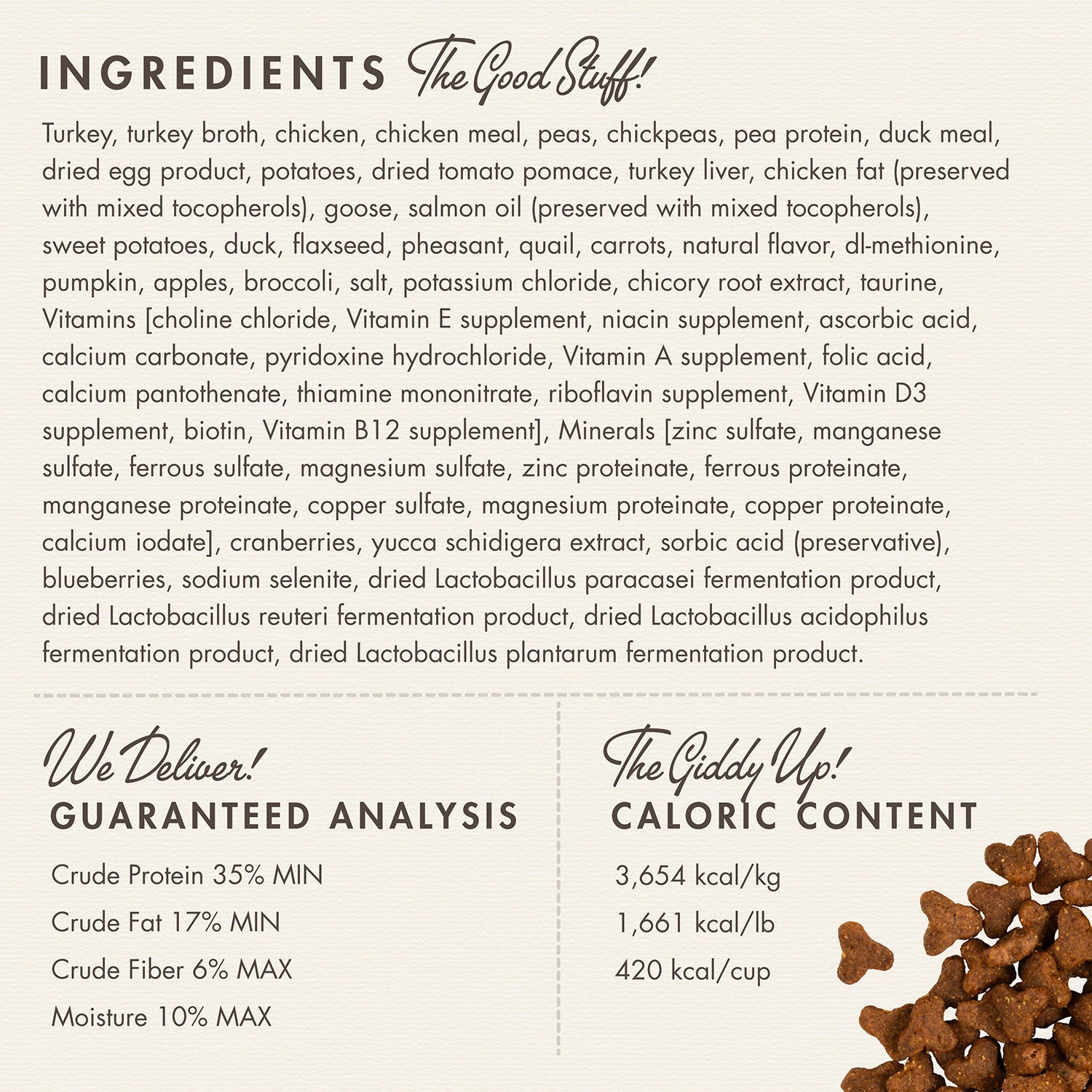Fromm Four-Star Game Bird ingredients panel with guaranteed analysis and caloric content