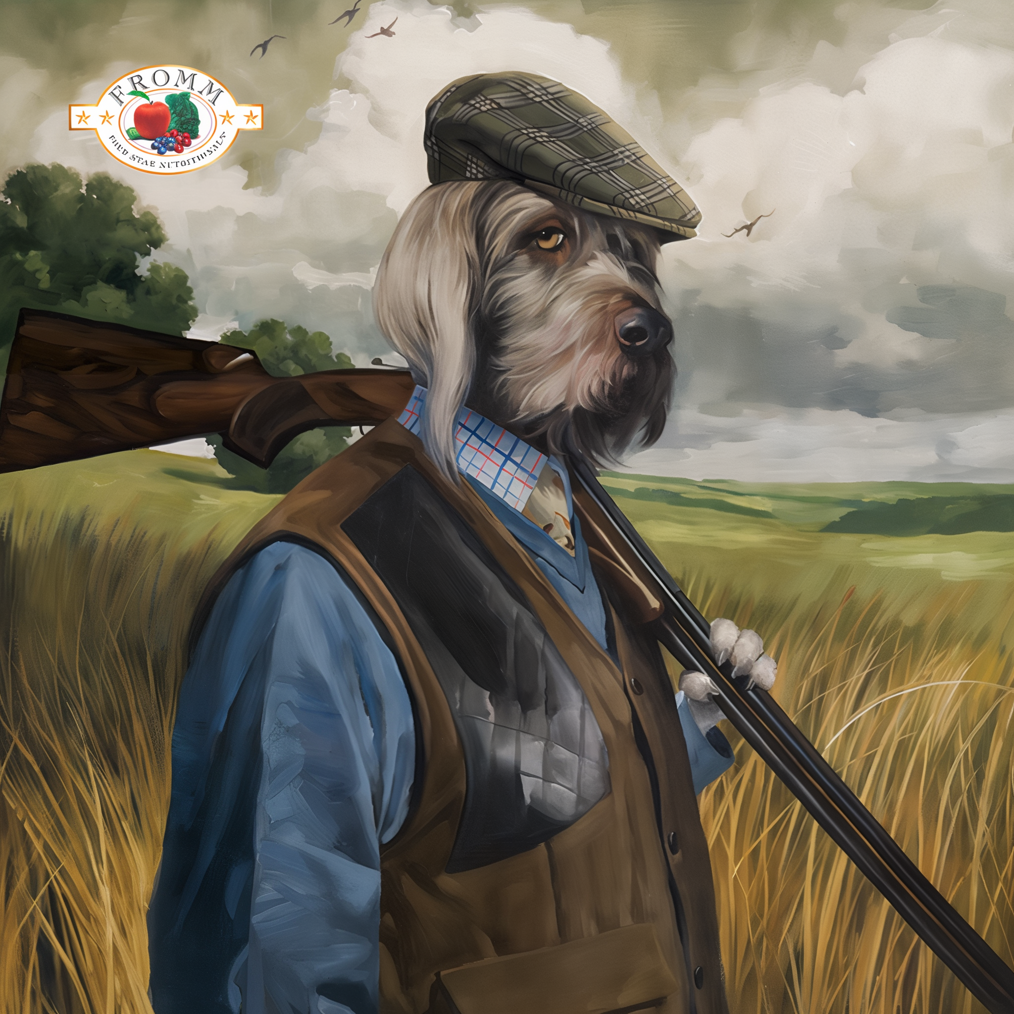 Oil painting of a wirehaired dog in hunting attire with a shotgun in a field