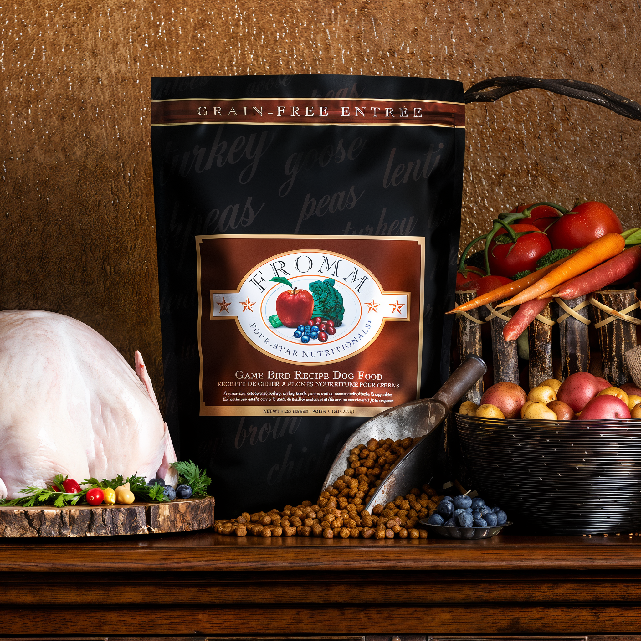 Grain-free Game Bird Recipe bag with whole turkey and fresh vegetables