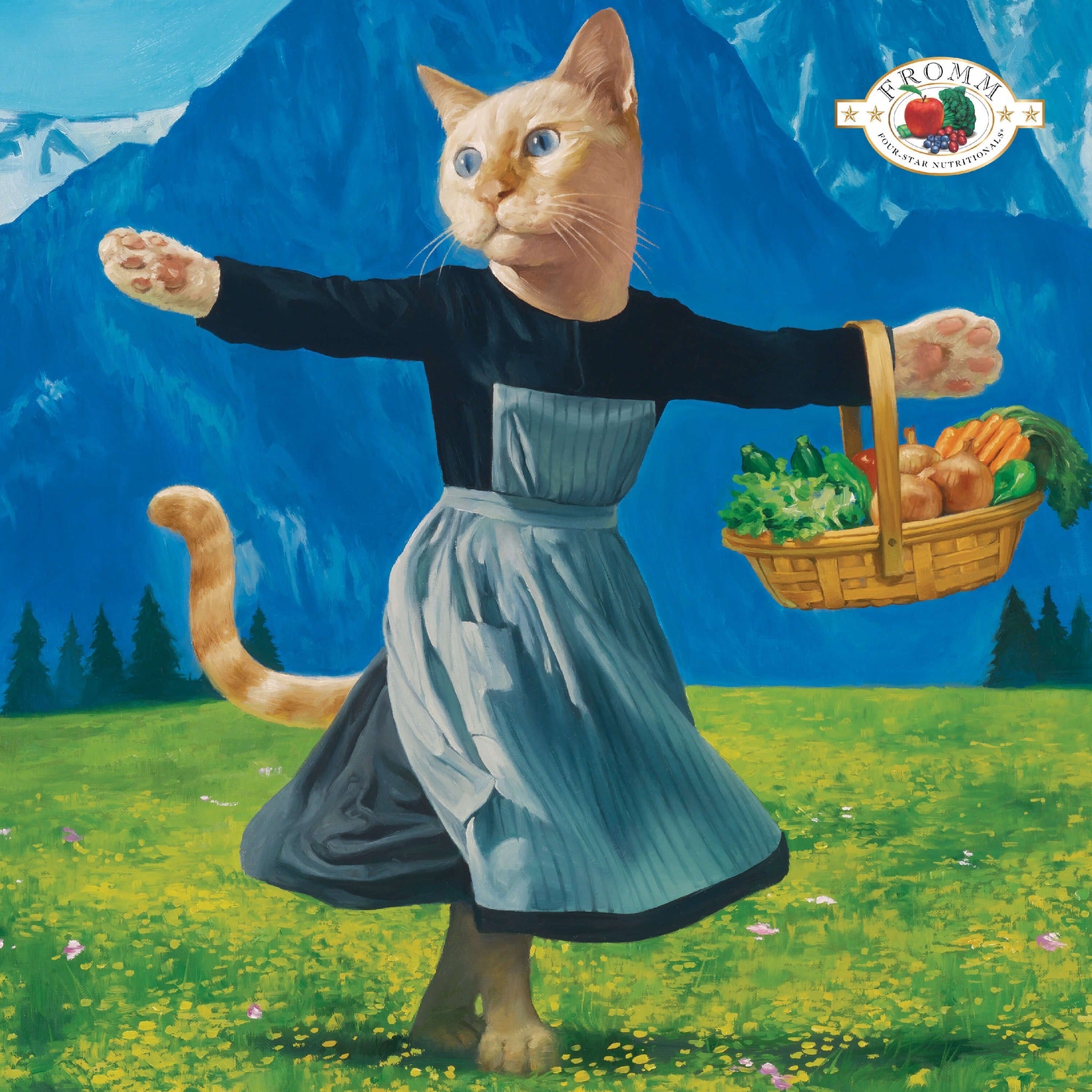 Whimsical Fromm oil painting of a cat twirling in an alpine meadow with a basket of vegetables