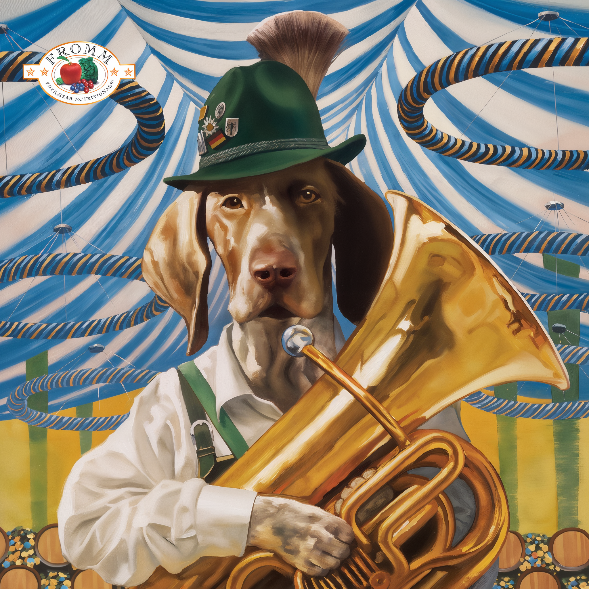 Oil painting of a pointer in a Bavarian hat holding a tuba under festival tents