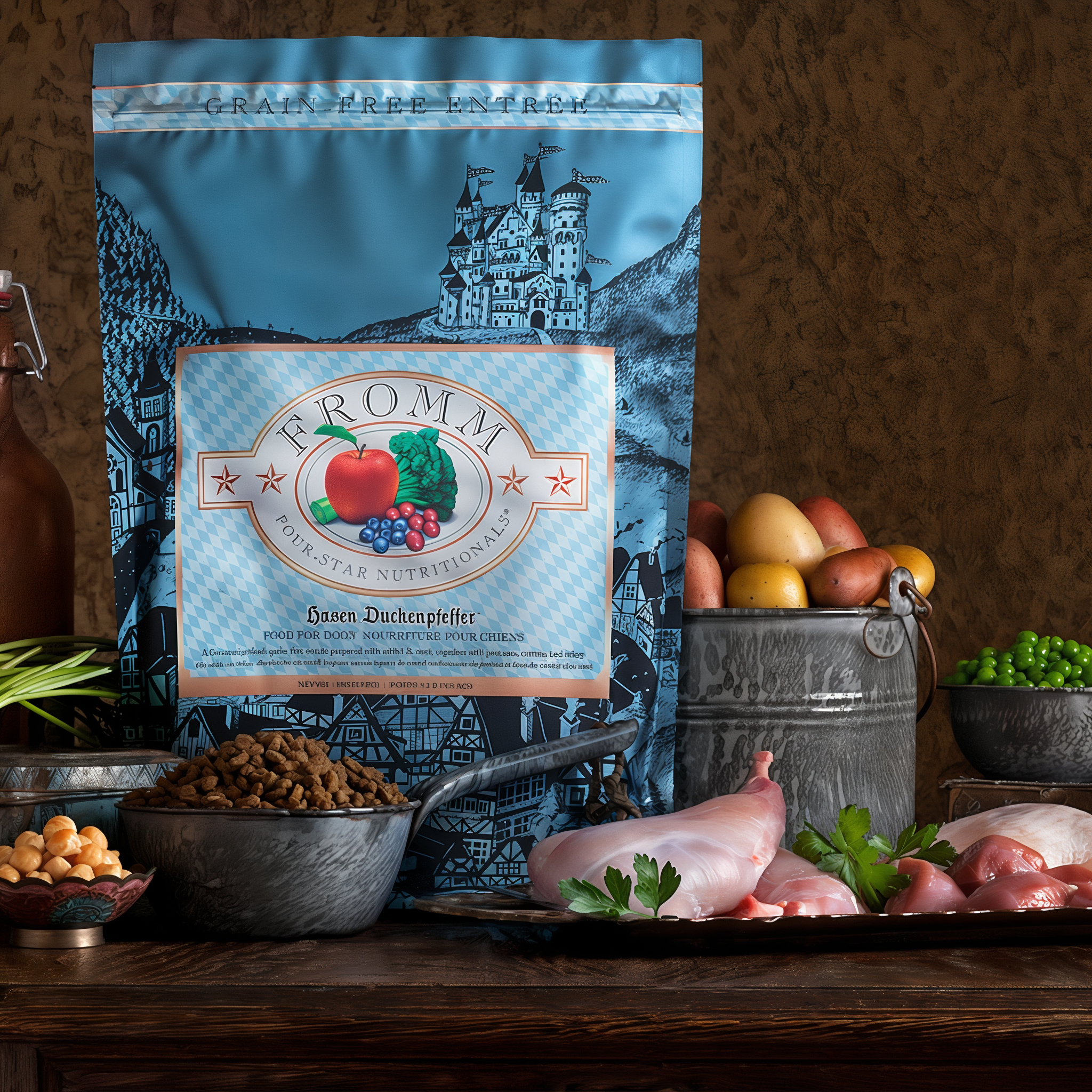 Grain-free Hasen Duckenpfeffer bag with rabbit, duck, potatoes, peas, and chickpeas