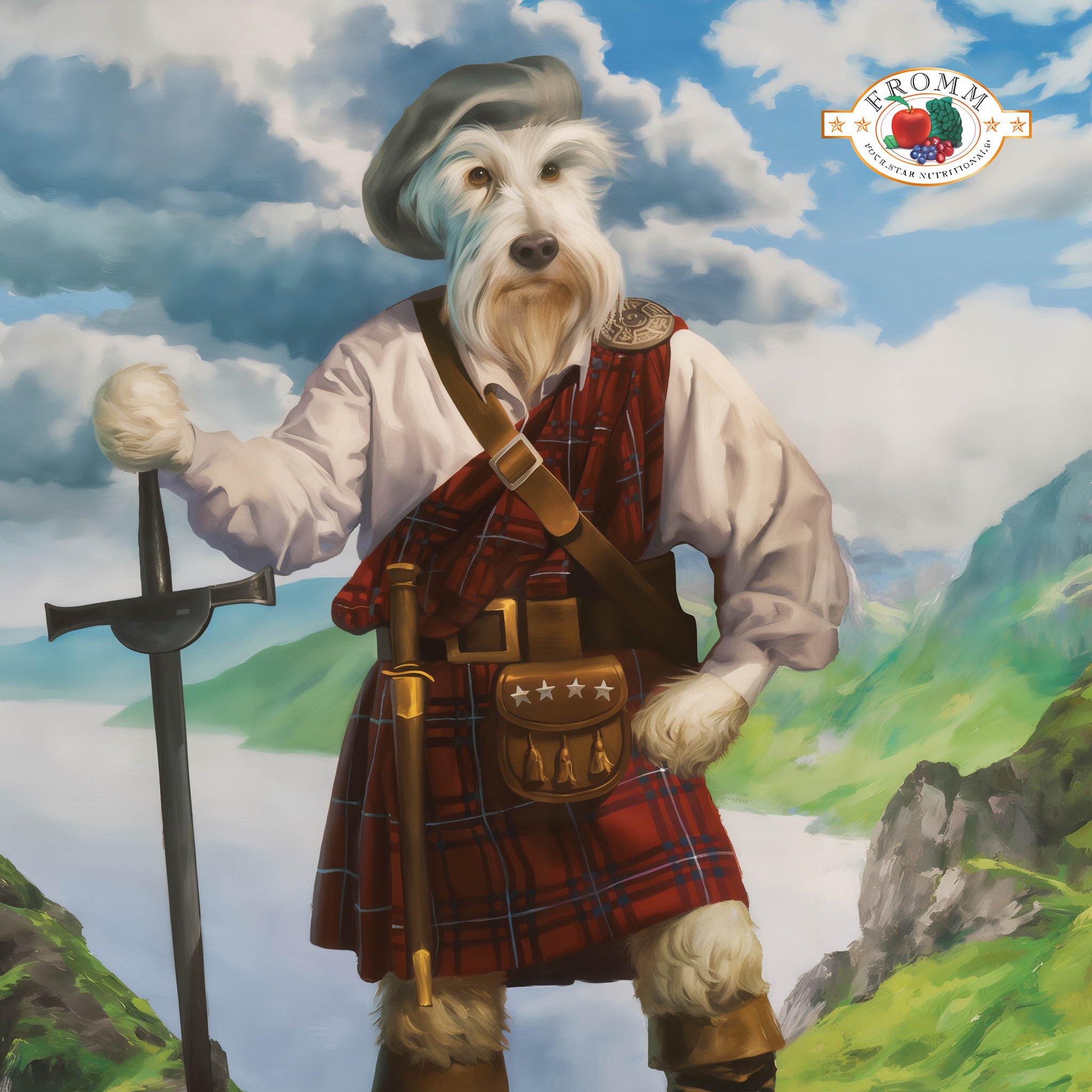 Oil painting of a terrier in Scottish highland dress with kilt and sword