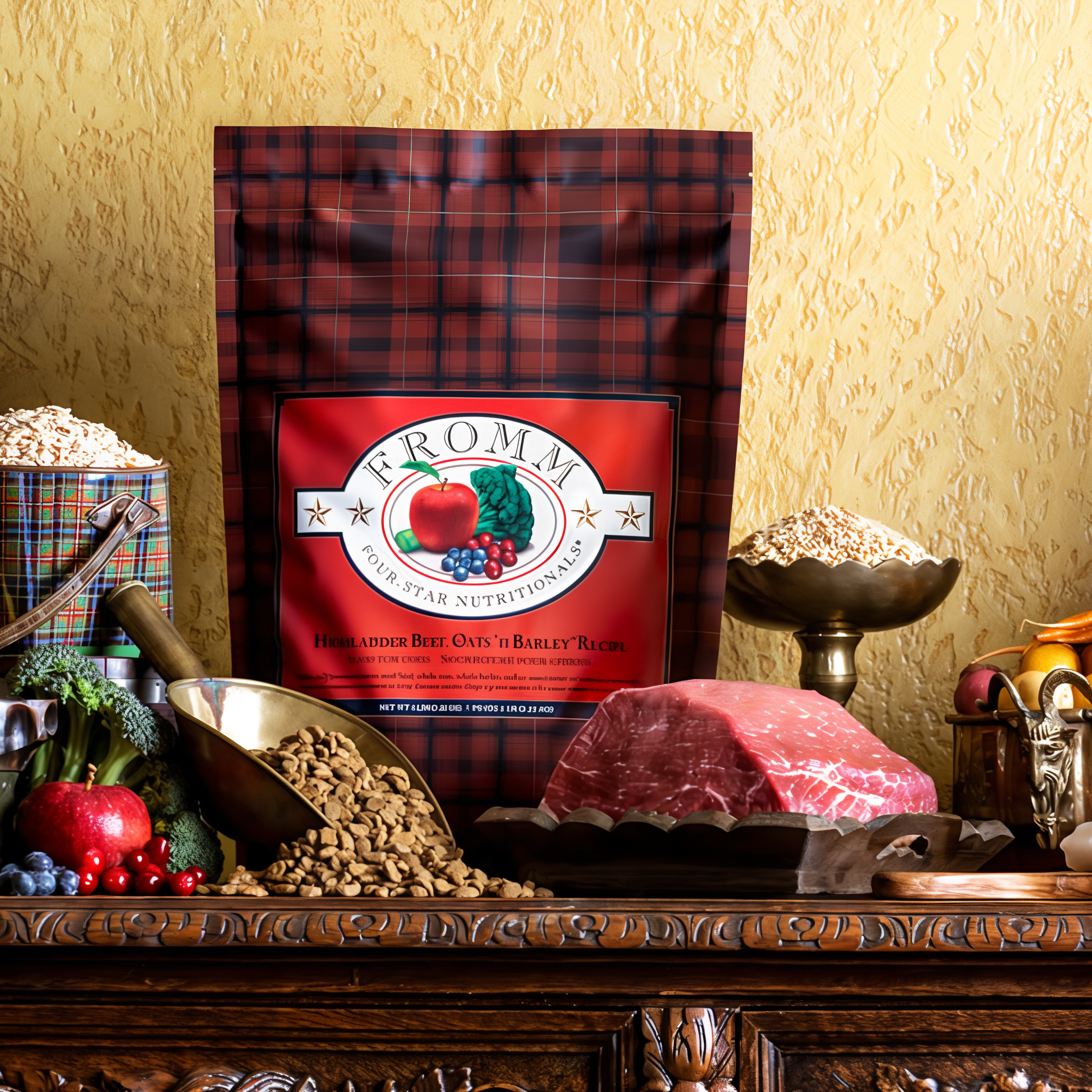Bag of Fromm Highlander Beef with beef roast, oats, and fresh produce