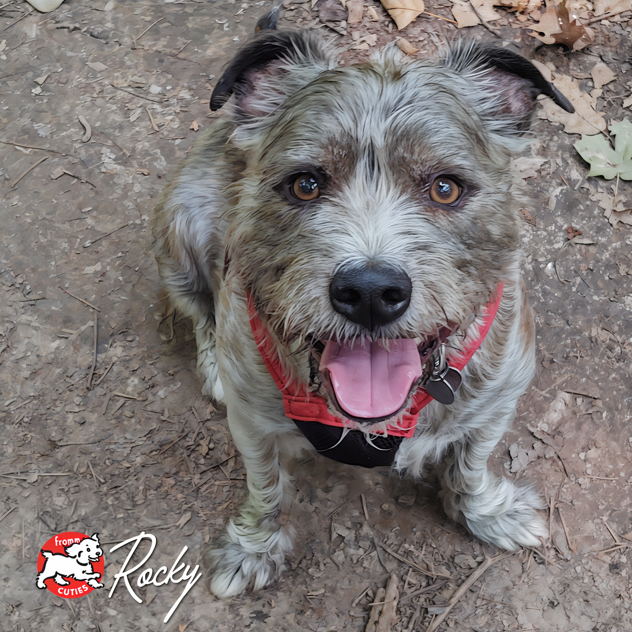 Fromm Cuties dog Rocky smiling up at the camera on a dirt trail