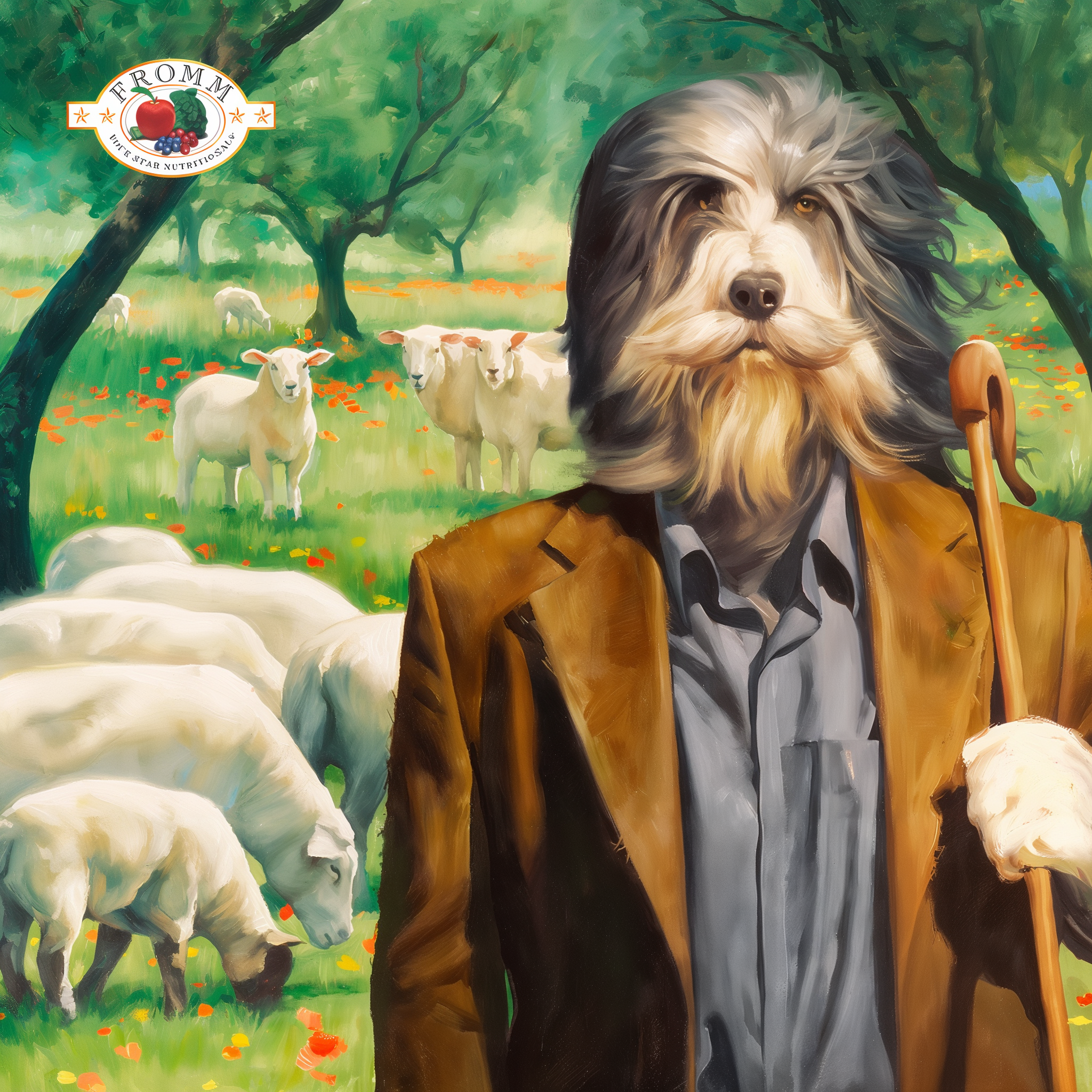 Oil painting of a shaggy dog as a shepherd with crook and flock of sheep