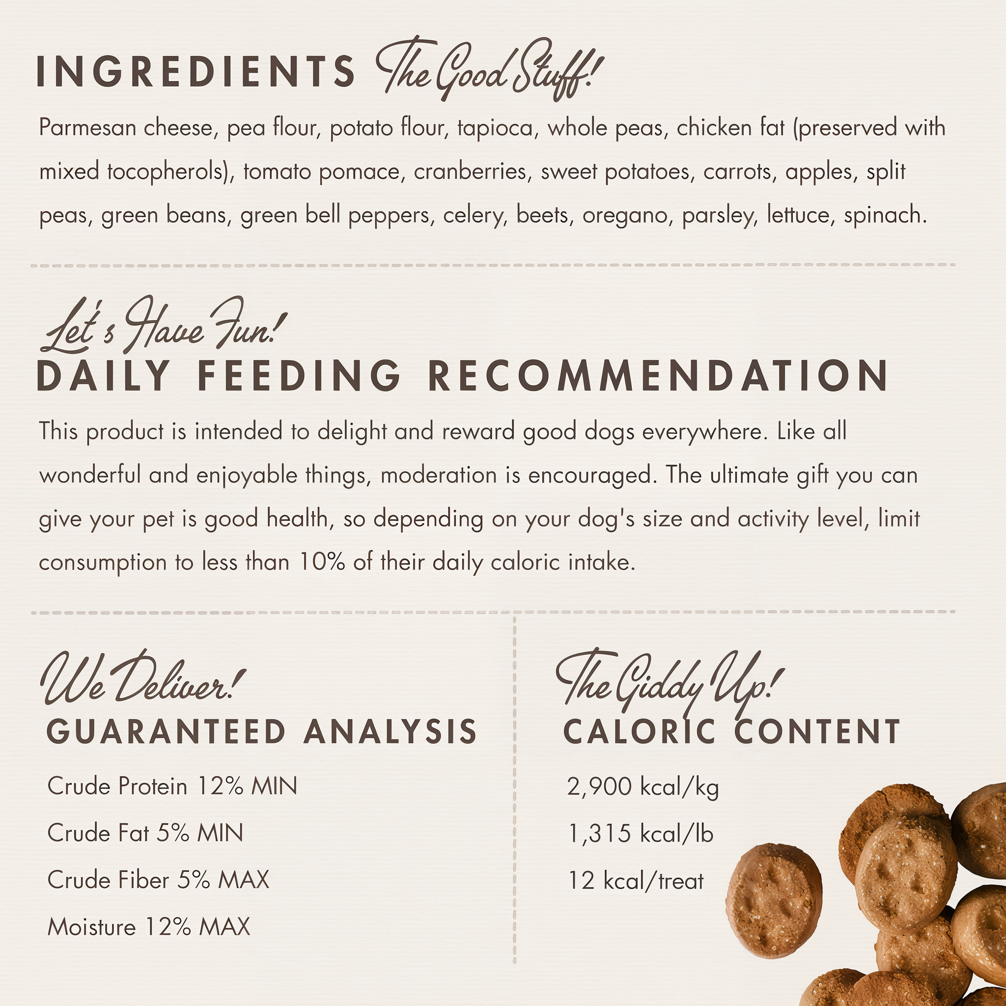 Fromm Four-Star Parmesan Cheese Recipe treats ingredients panel with daily feeding recommendation, guaranteed analysis, and caloric content