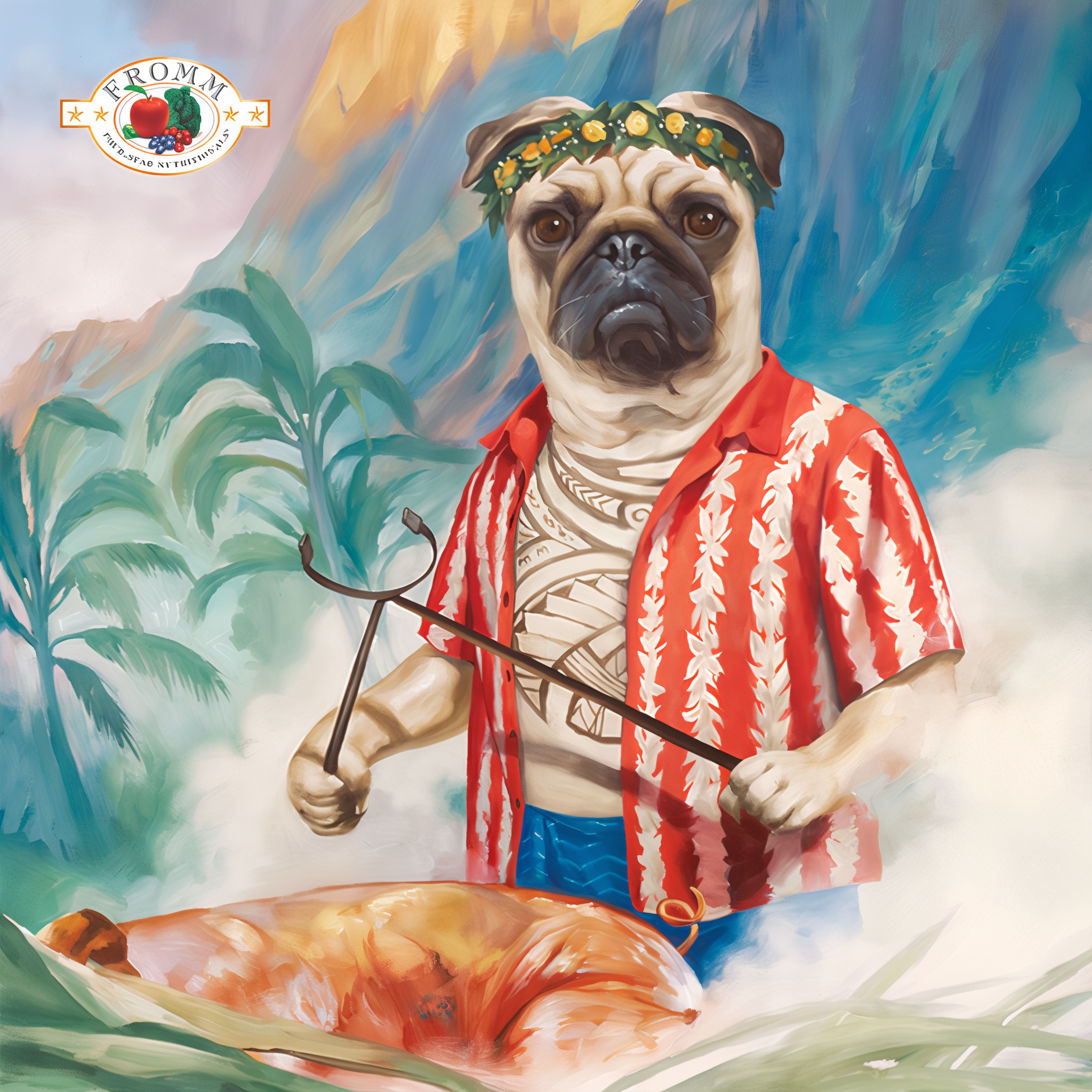 Oil painting of a pug in a Hawaiian shirt and flower crown at an island pig roast