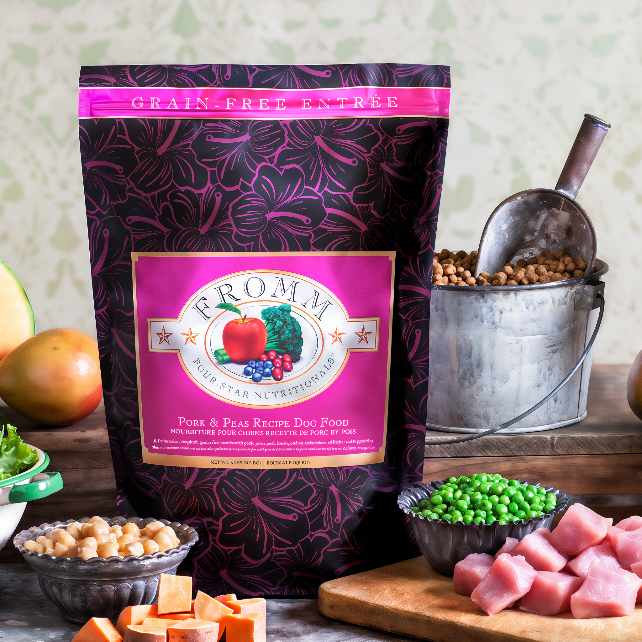 Grain-free Pork and Peas bag with pork, peas, chickpeas, sweet potatoes, and mango