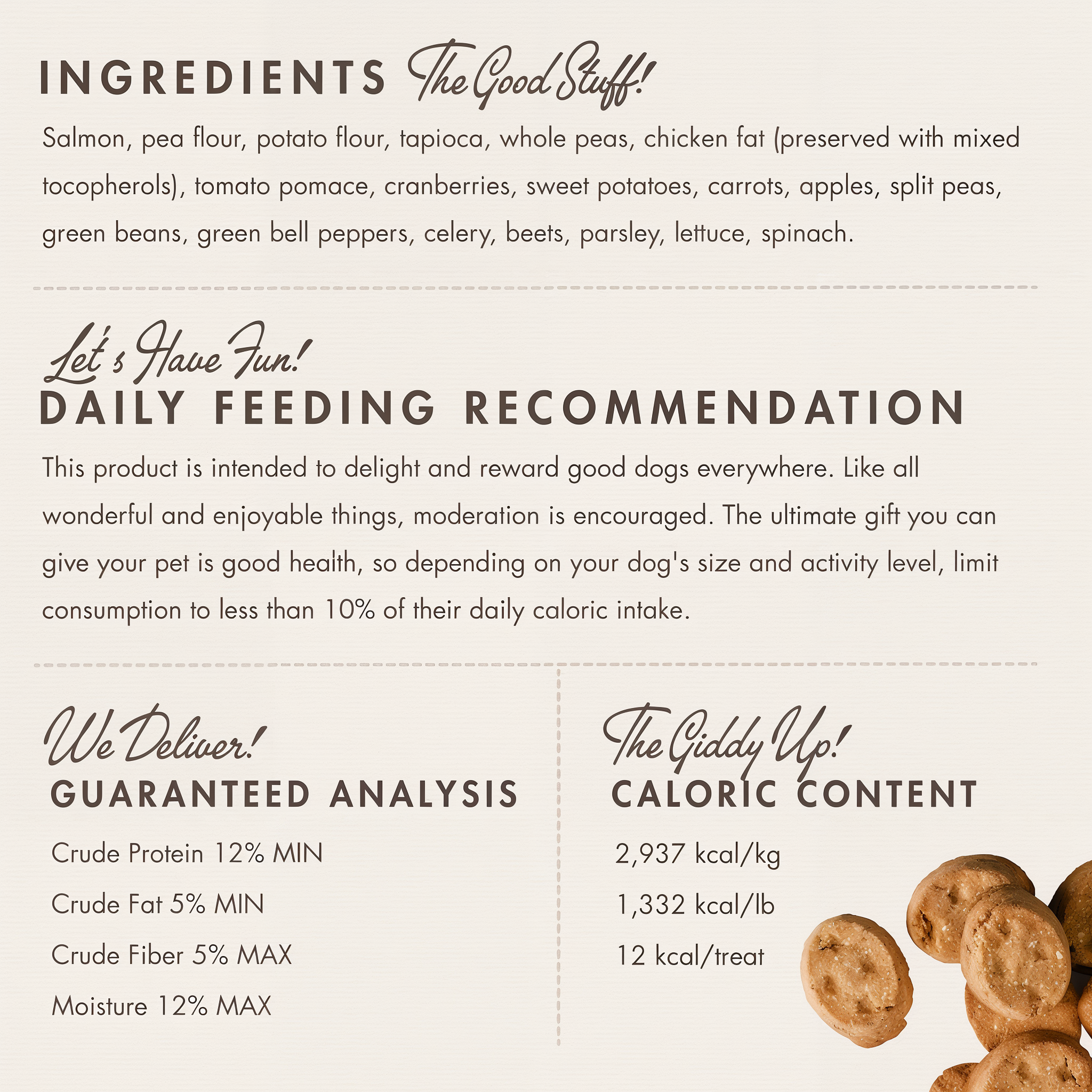 Fromm Four-Star Salmon with Sweet Potato treats ingredients panel with daily feeding recommendation, guaranteed analysis, and caloric content