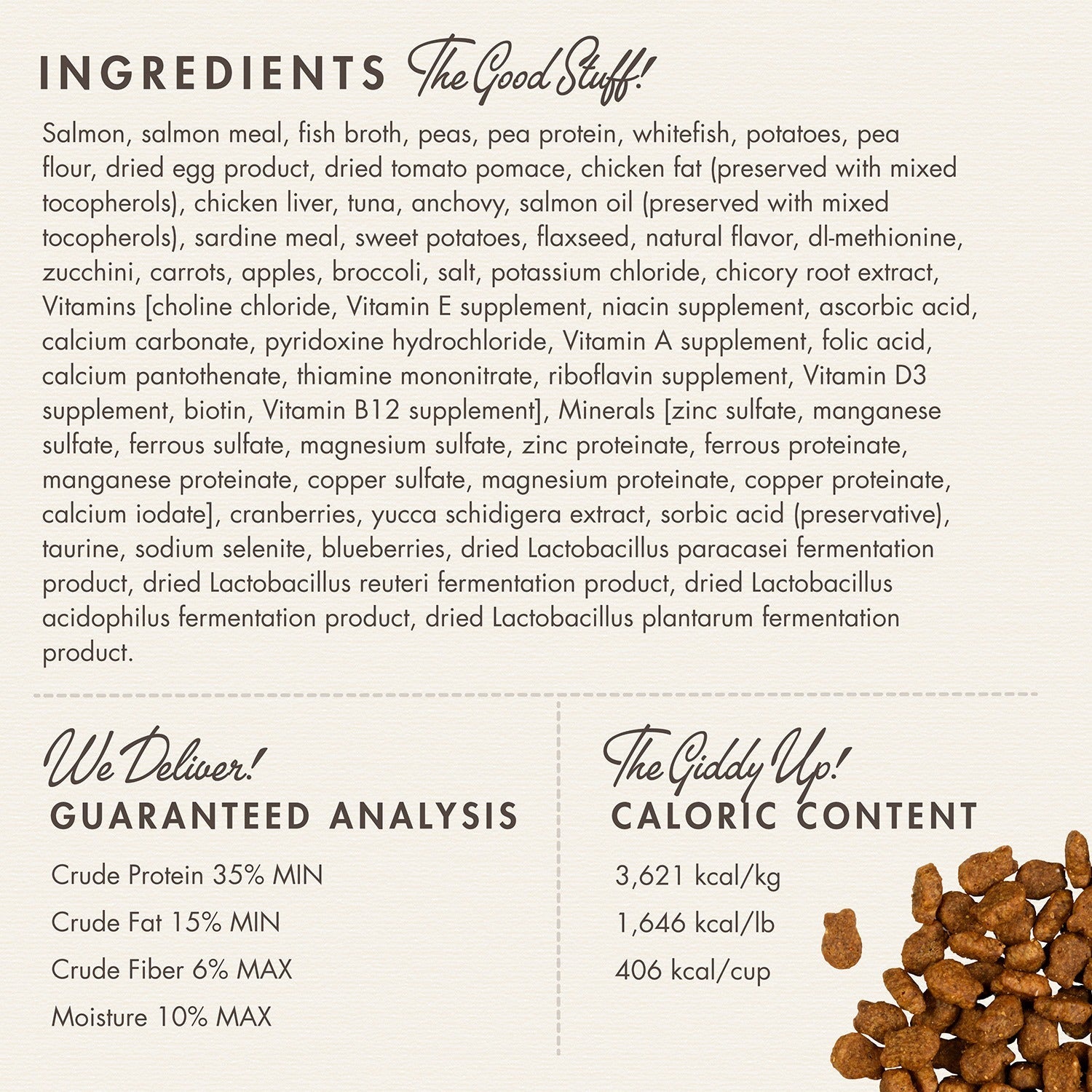 Fromm Four-Star Salmon Tunachovy Recipe ingredients panel with guaranteed analysis and caloric content