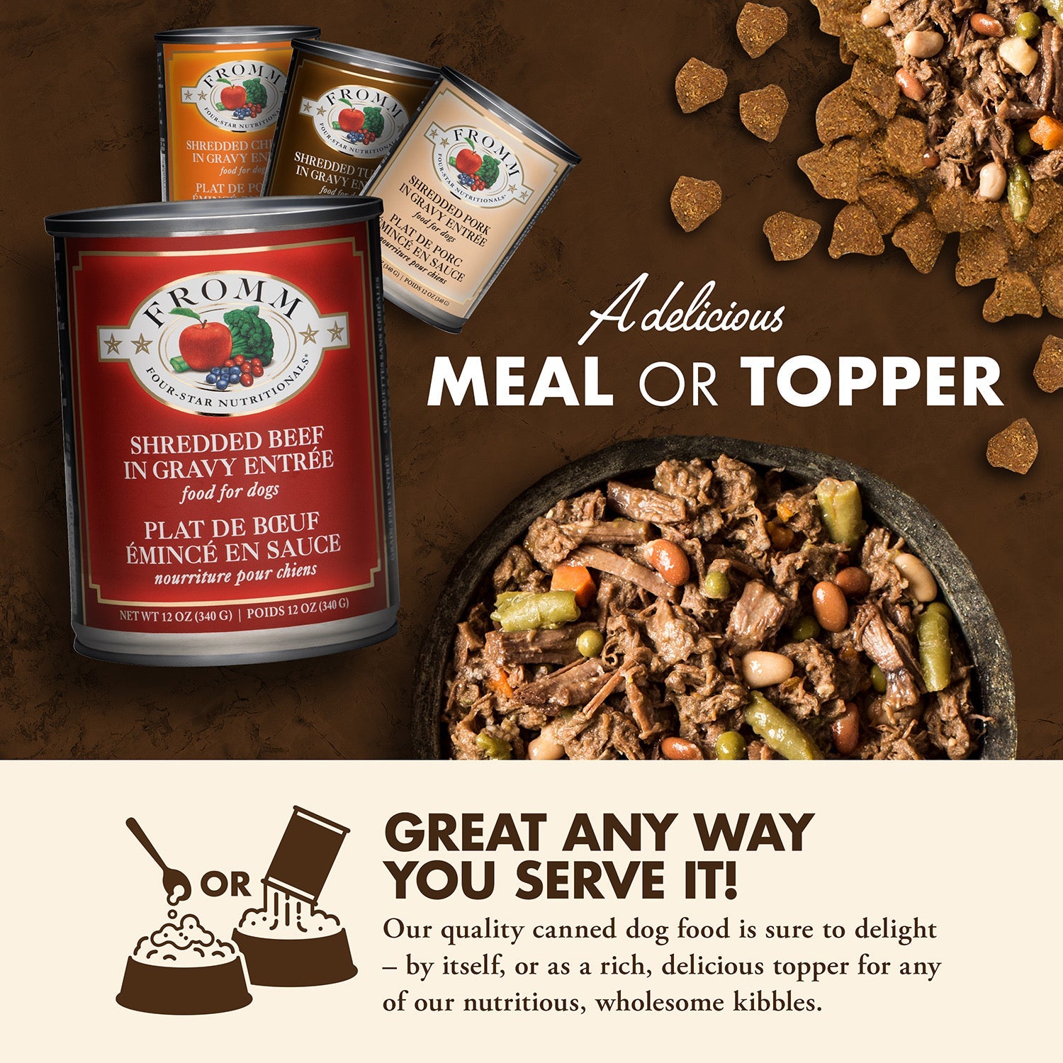 Fromm Four-Star Shredded Beef in Gravy Entrée served as a delicious meal or as a topper over kibble