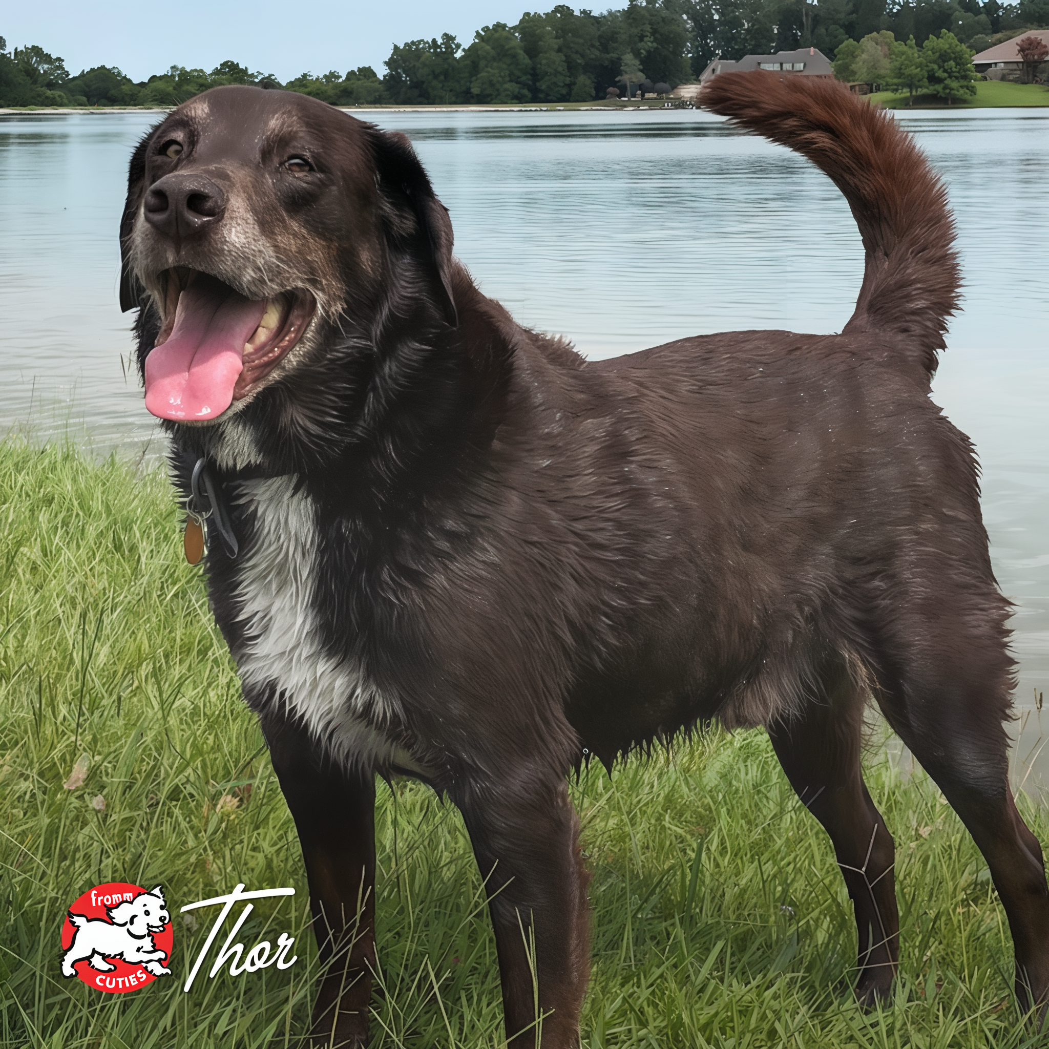 Brown dog Thor with a white chest standing at a lakeside, from the Fromm Cuties gallery