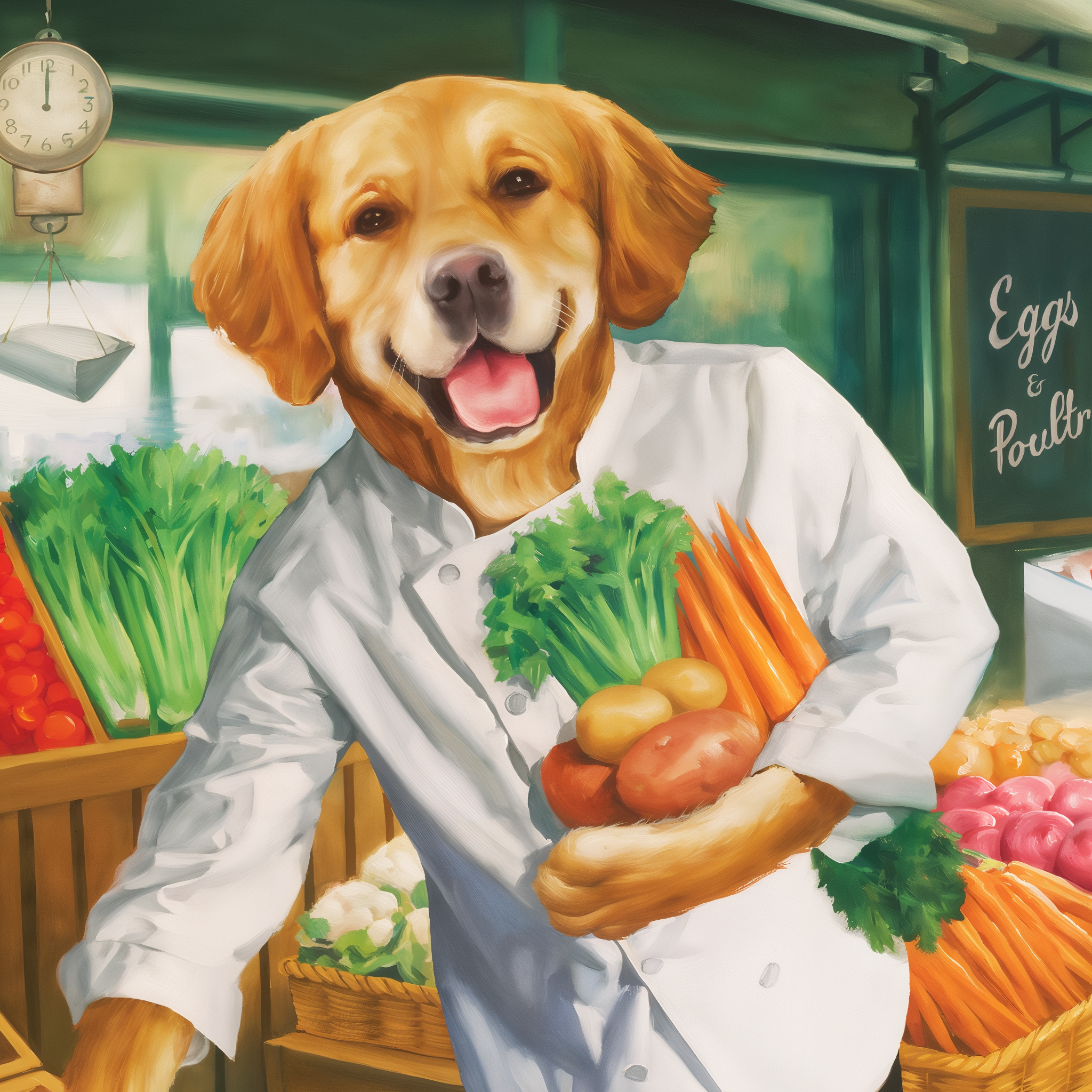 Fromm brand oil painting of a golden-coated dog in chef whites carrying vegetables at a market stall