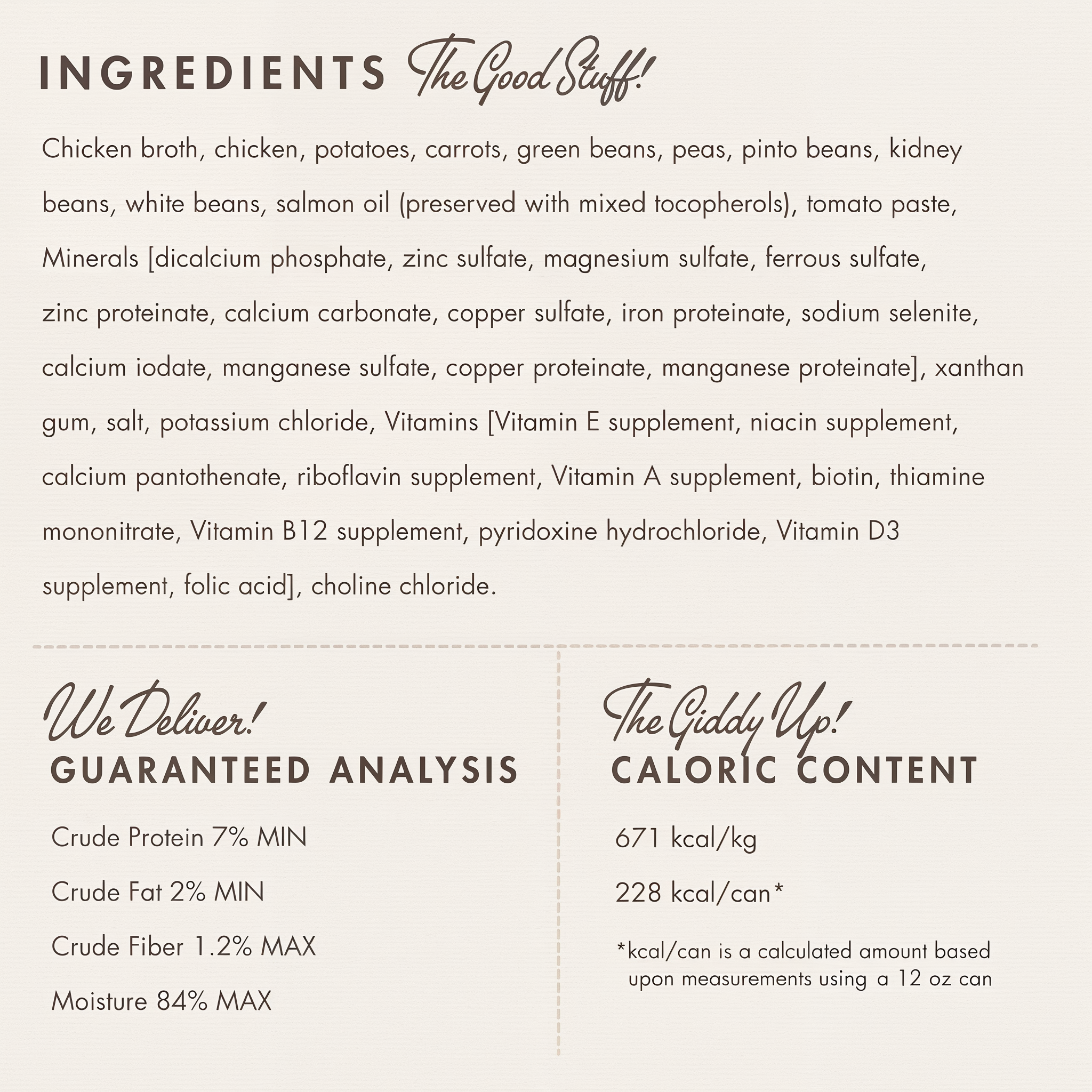Fromm Four-Star Shredded Chicken in Gravy Entrée ingredients panel with guaranteed analysis and caloric content
