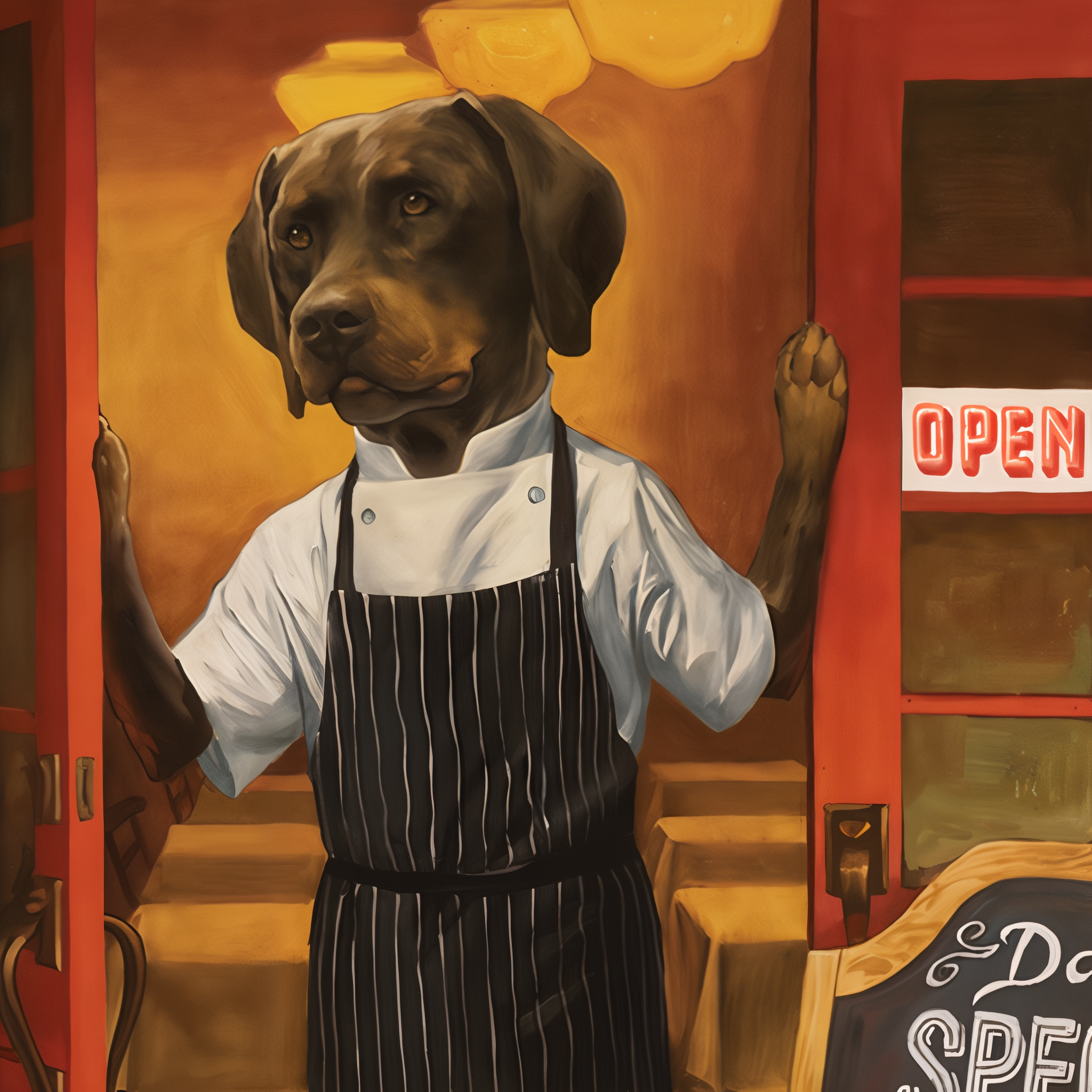 Fromm painted artwork of a dark-coated dog in chef whites and striped apron at a restaurant door with an open sign