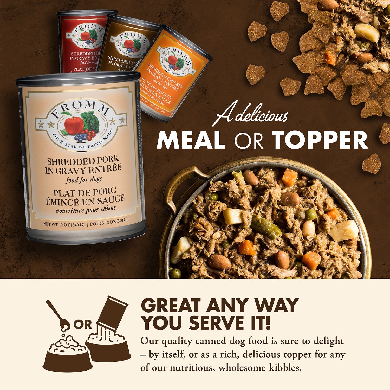 Fromm Four-Star shredded canned food served as a delicious meal or as a topper over kibble