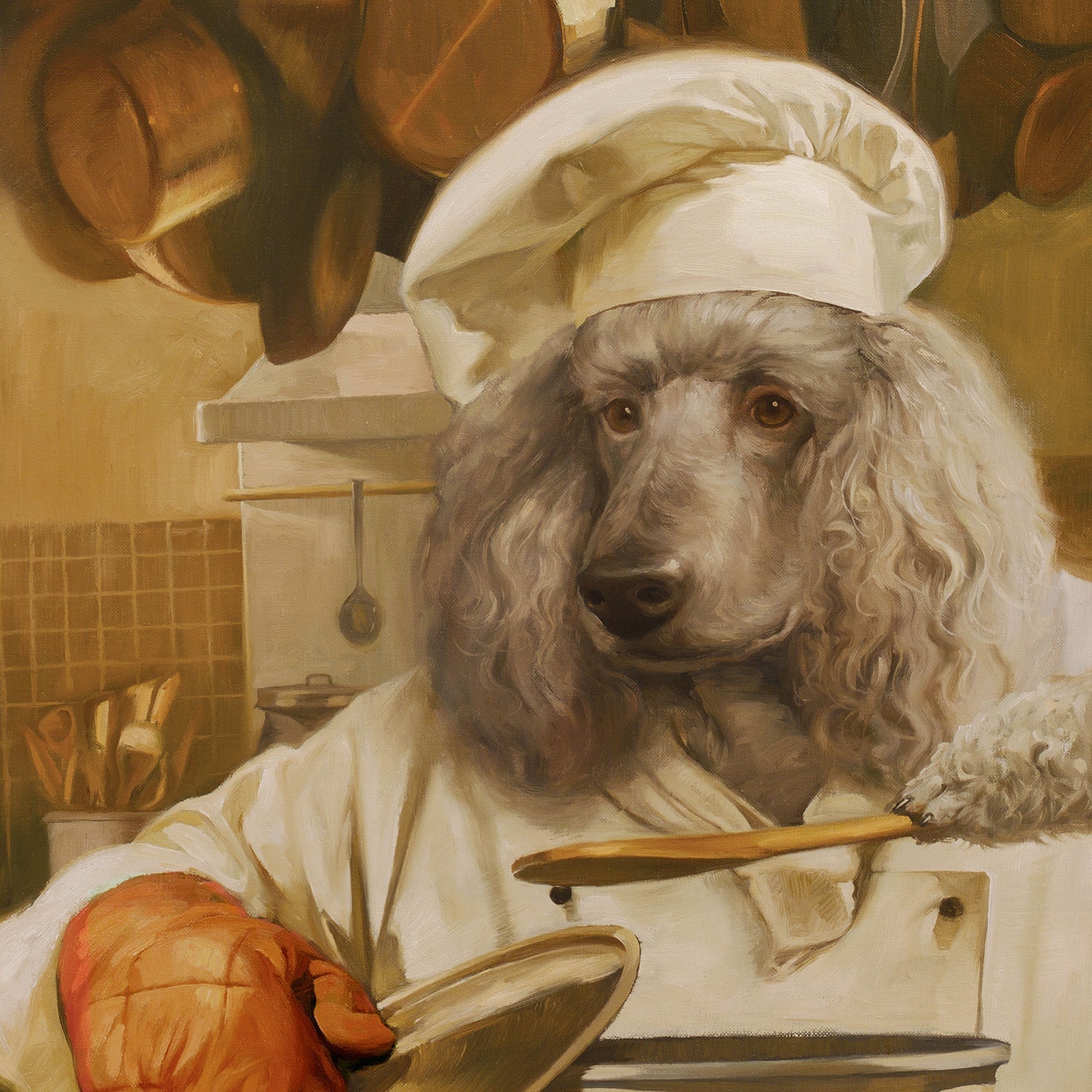 Fromm brand oil painting of a curly-coated silver dog dressed as a chef in a copper-pot kitchen