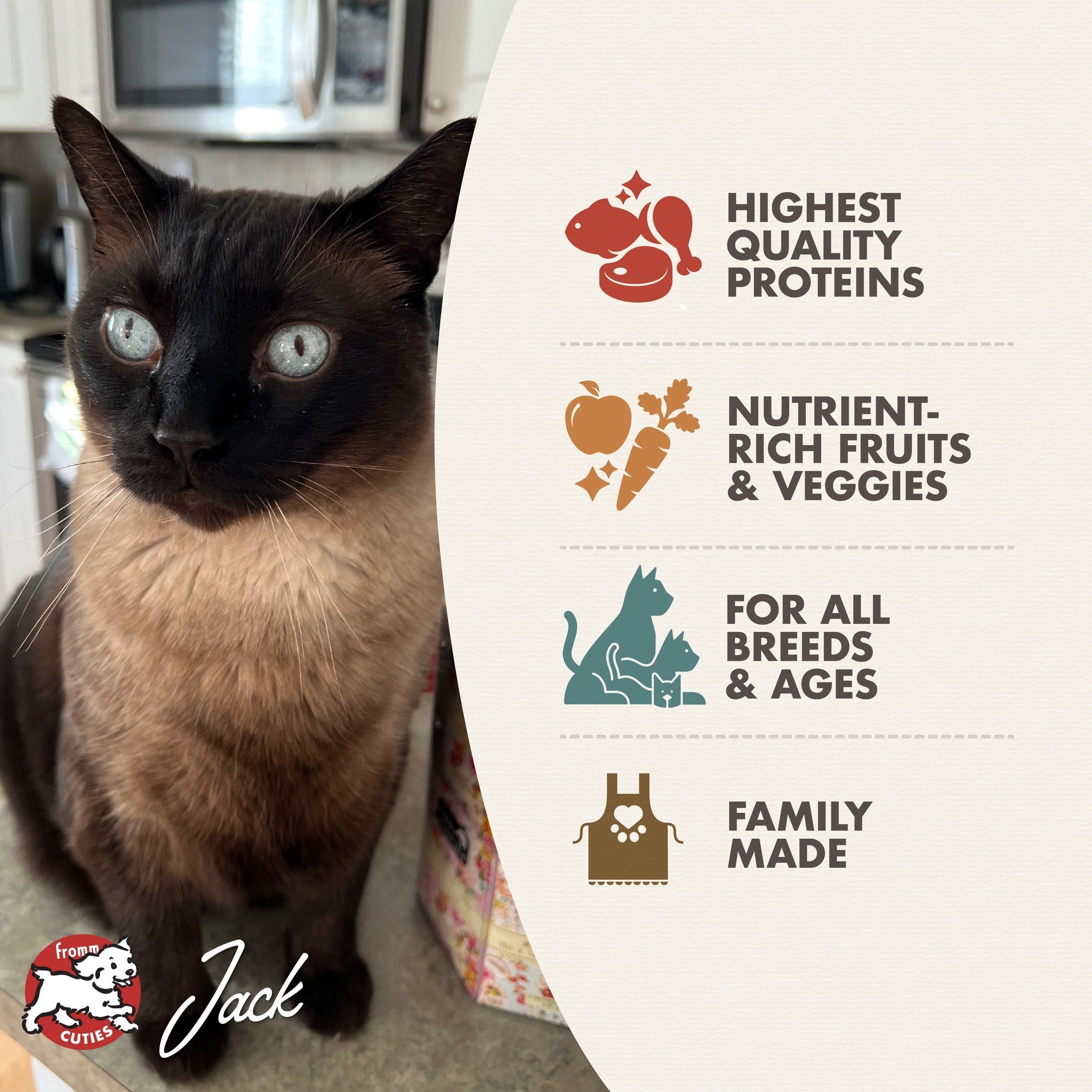 Fromm Four-Star cat food benefits: highest quality proteins, nutrient-rich fruits and veggies, for all breeds and ages, family made
