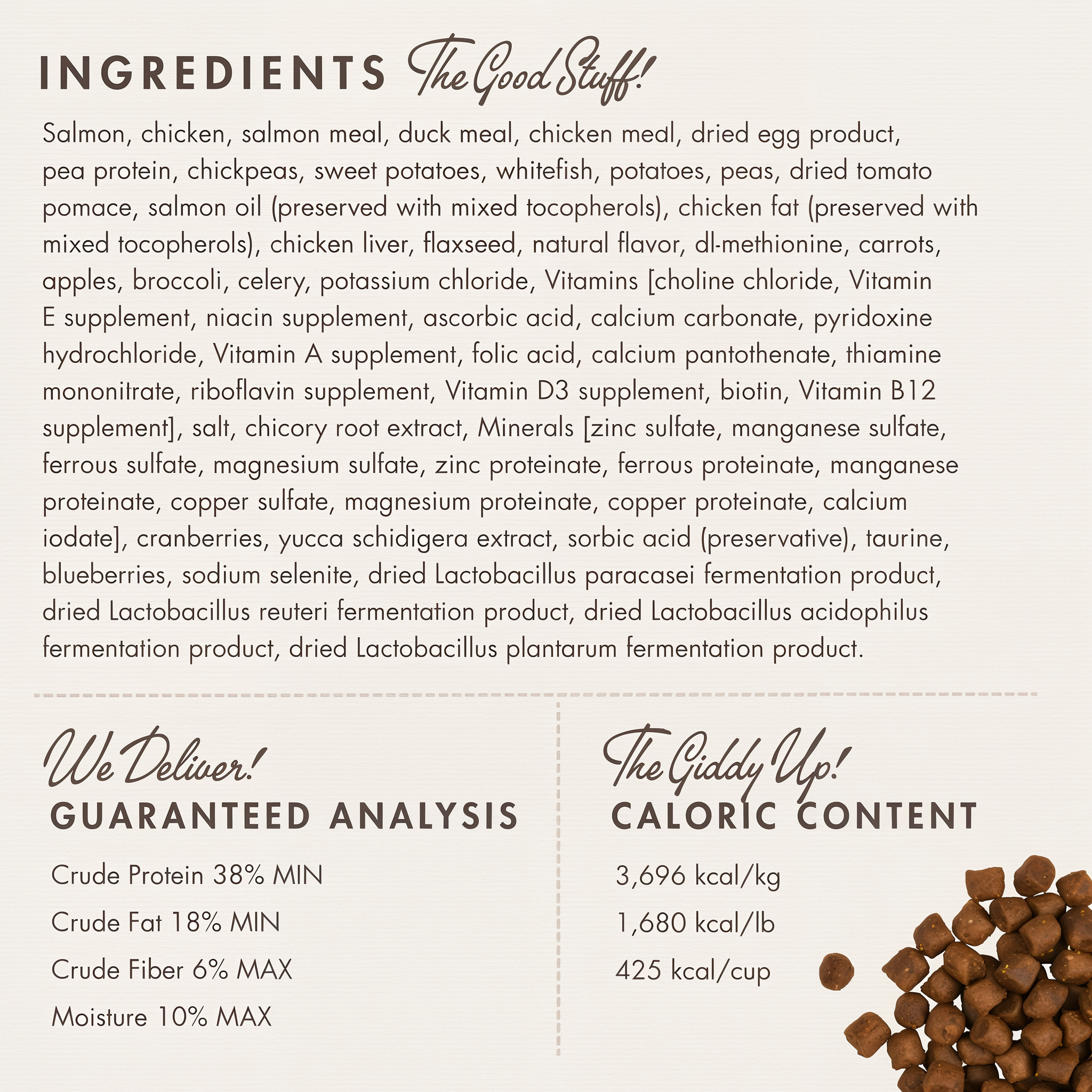 Fromm Four-Star Surf & Turf Recipe ingredients panel with guaranteed analysis and caloric content