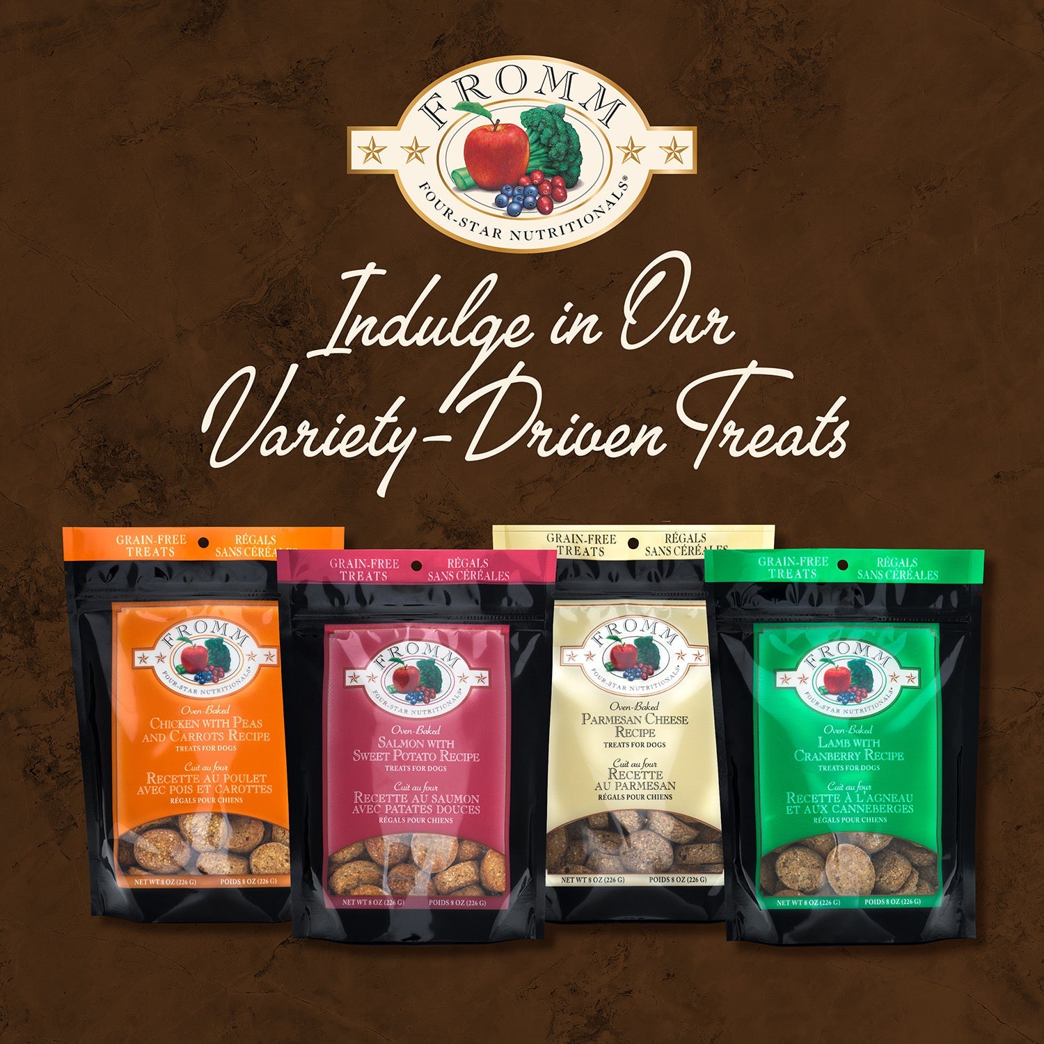 Indulge in our variety-driven treats: Fromm Four-Star treat bags in four recipes