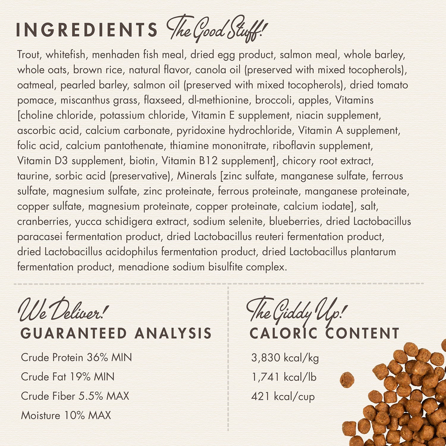 Fromm Four-Star Trout & Whitefish Recipe ingredients panel with guaranteed analysis and caloric content
