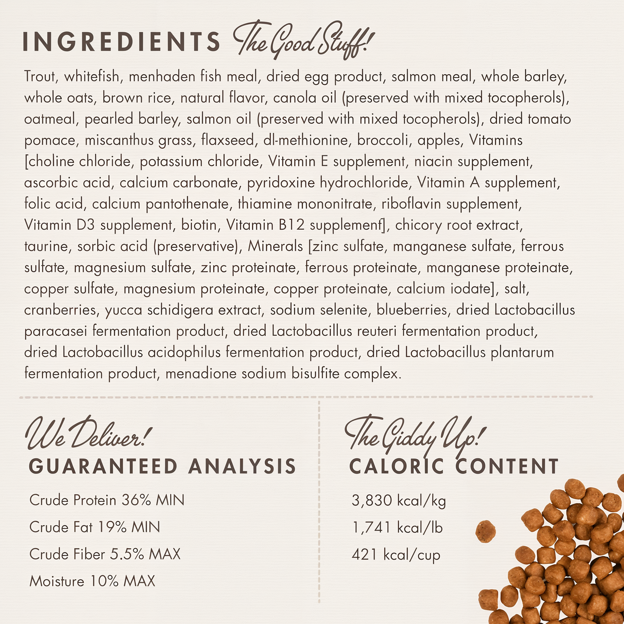Fromm Four-Star Trout & Whitefish Recipe ingredients panel with guaranteed analysis and caloric content