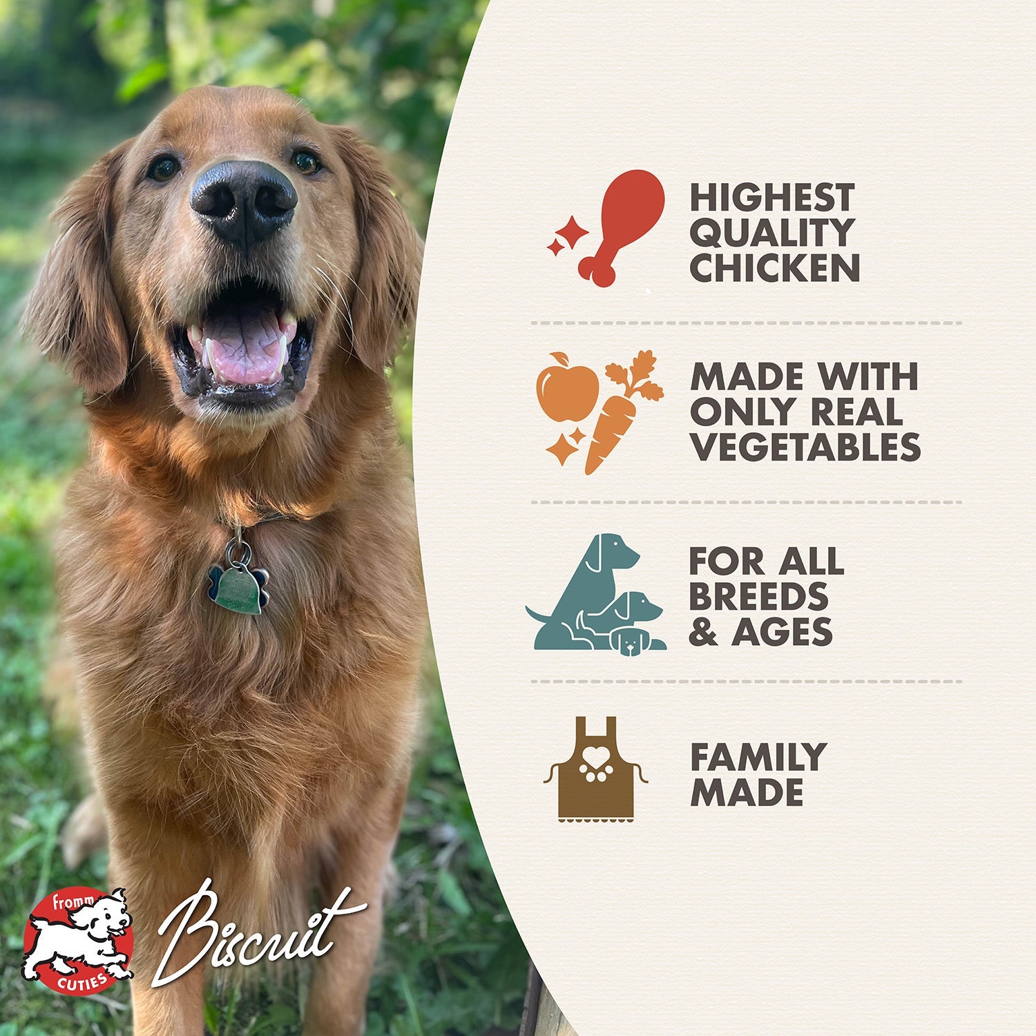 Fromm Cuties dog Biscuit with Frommbalaya benefits: highest quality chicken, only real vegetables, for all breeds and ages, family made