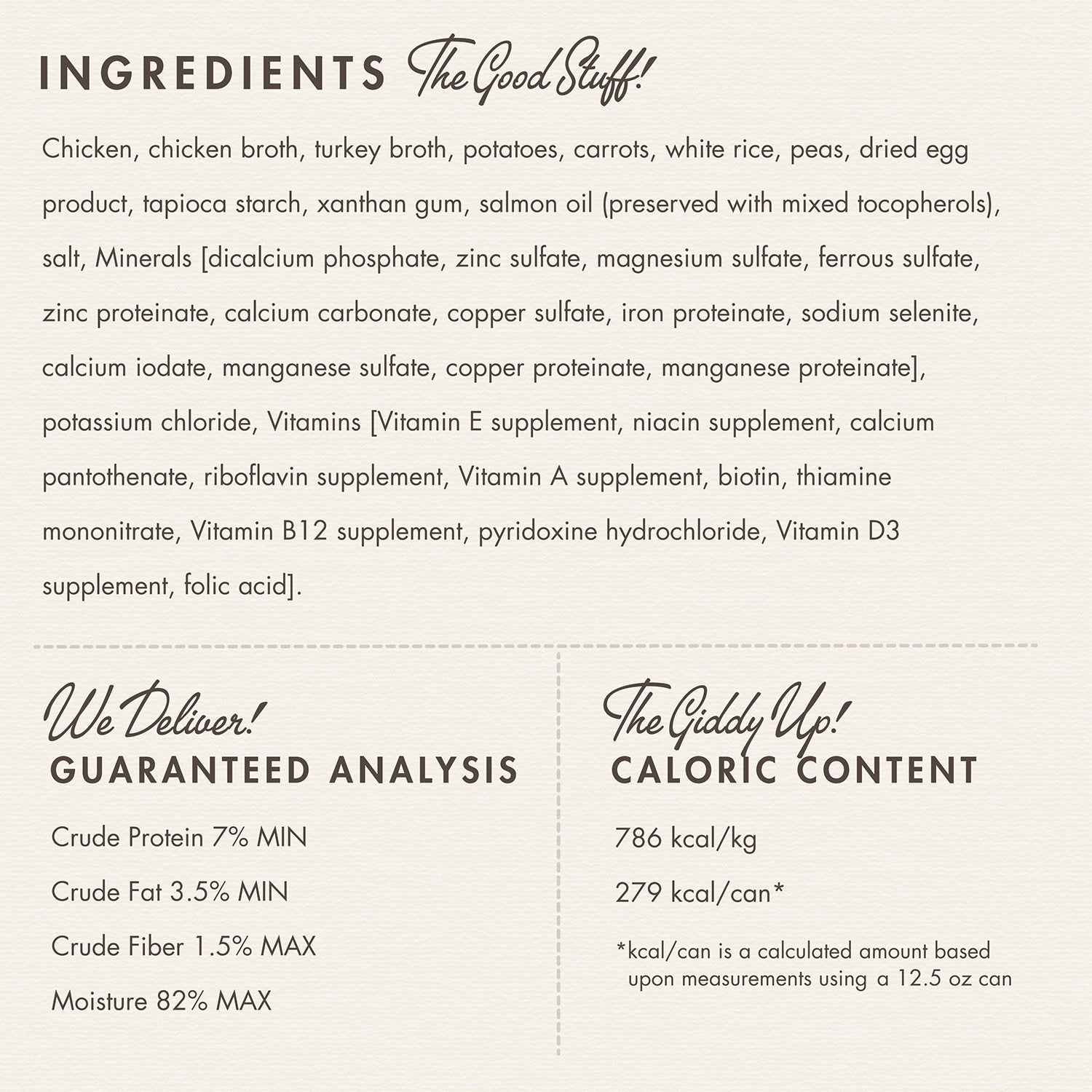 Fromm Frommbalaya Chicken, Vegetable & Rice Stew ingredients panel with guaranteed analysis and caloric content