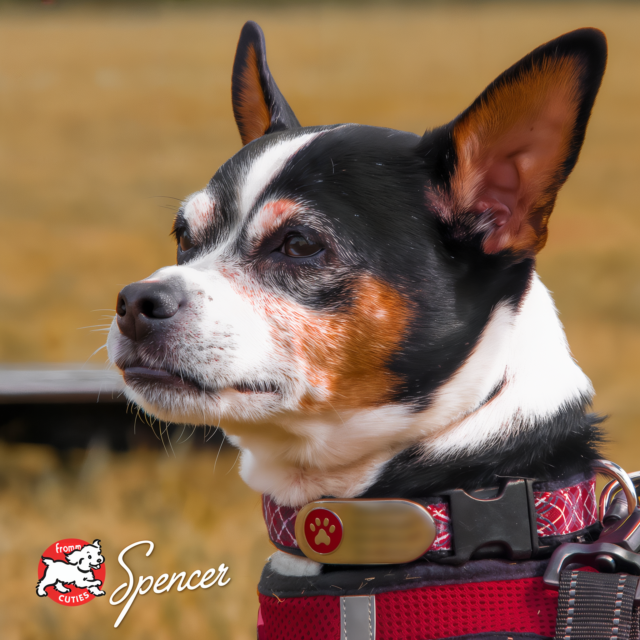 Black, tan, and white dog Spencer with a red collar outdoors, from the Fromm Cuties gallery