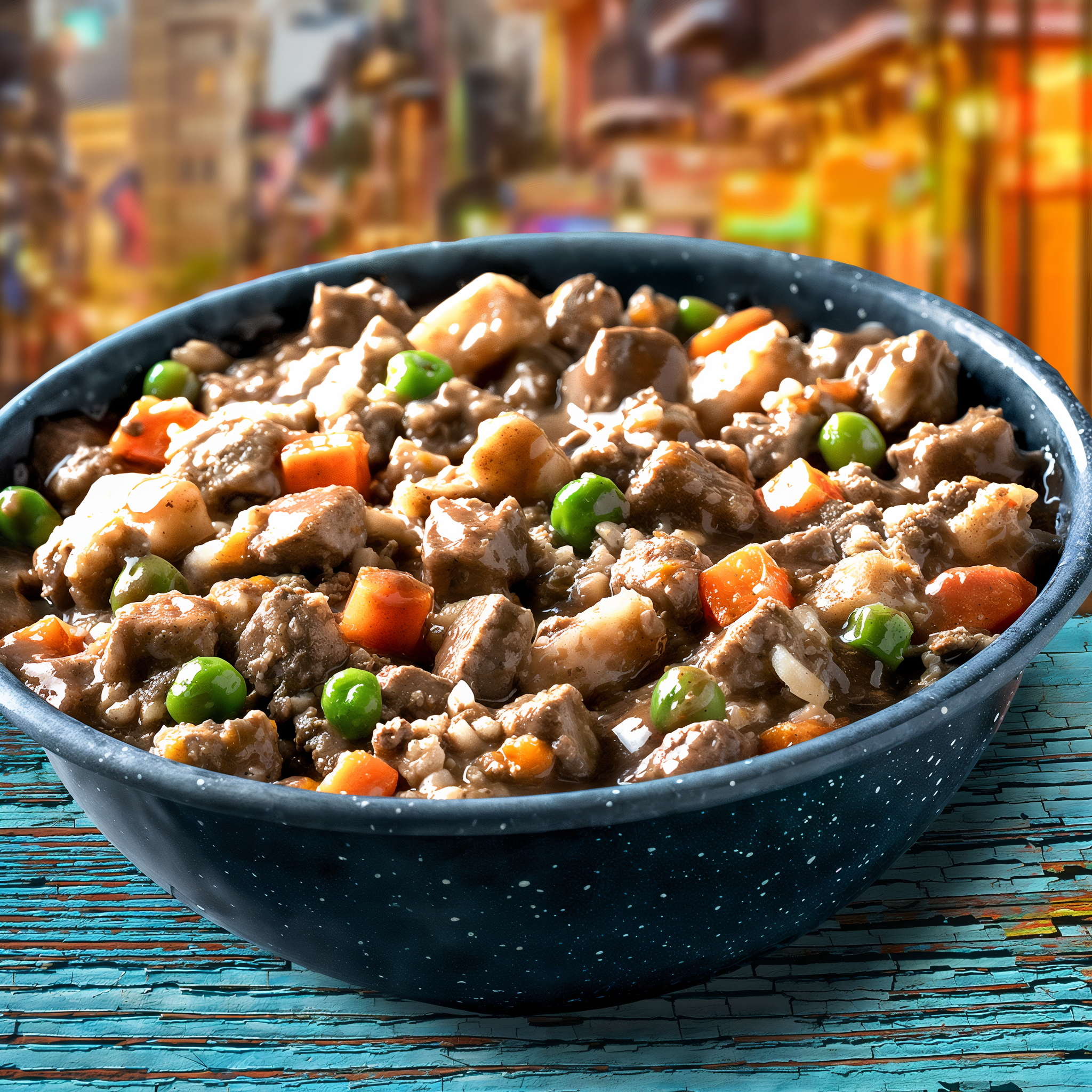 A bowl of Fromm Frommbalaya pork stew with rice, carrots, and peas before a colorful New Orleans street scene