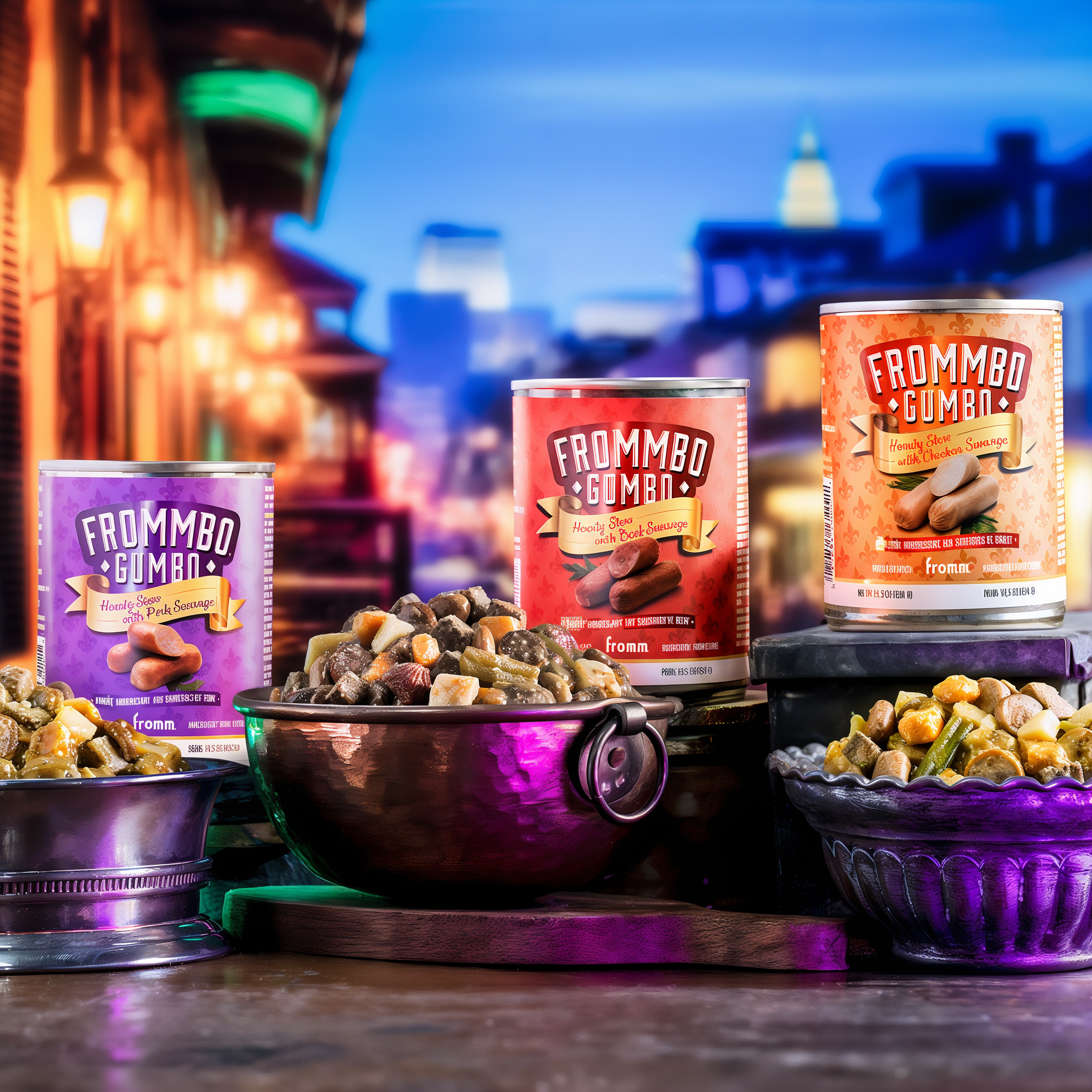 Three Frommbo Gumbo hearty stew cans with filled bowls in a neon-lit night street scene