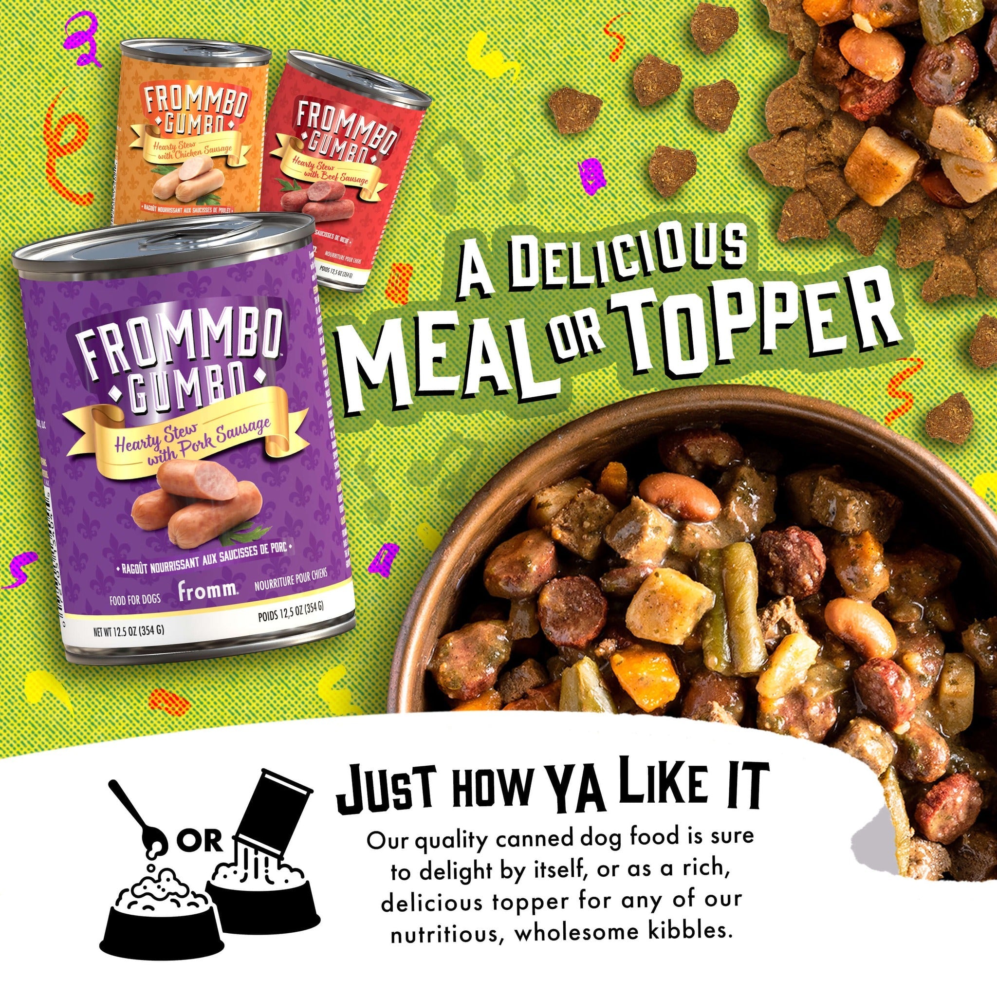 Fromm Frommbo Gumbo canned stew served as a delicious meal or as a topper over kibble