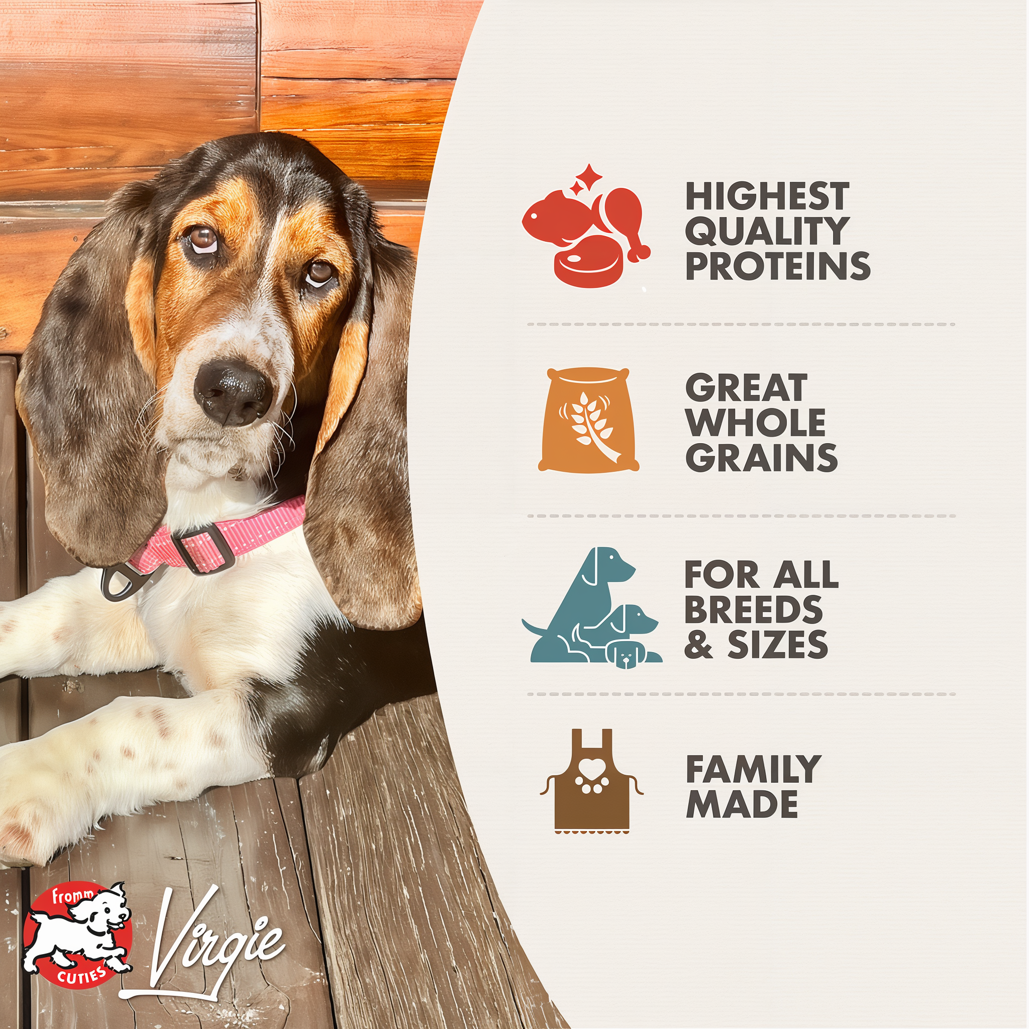 Fromm Gold Adult benefits: highest quality proteins, great whole grains, for all breeds and sizes, family made