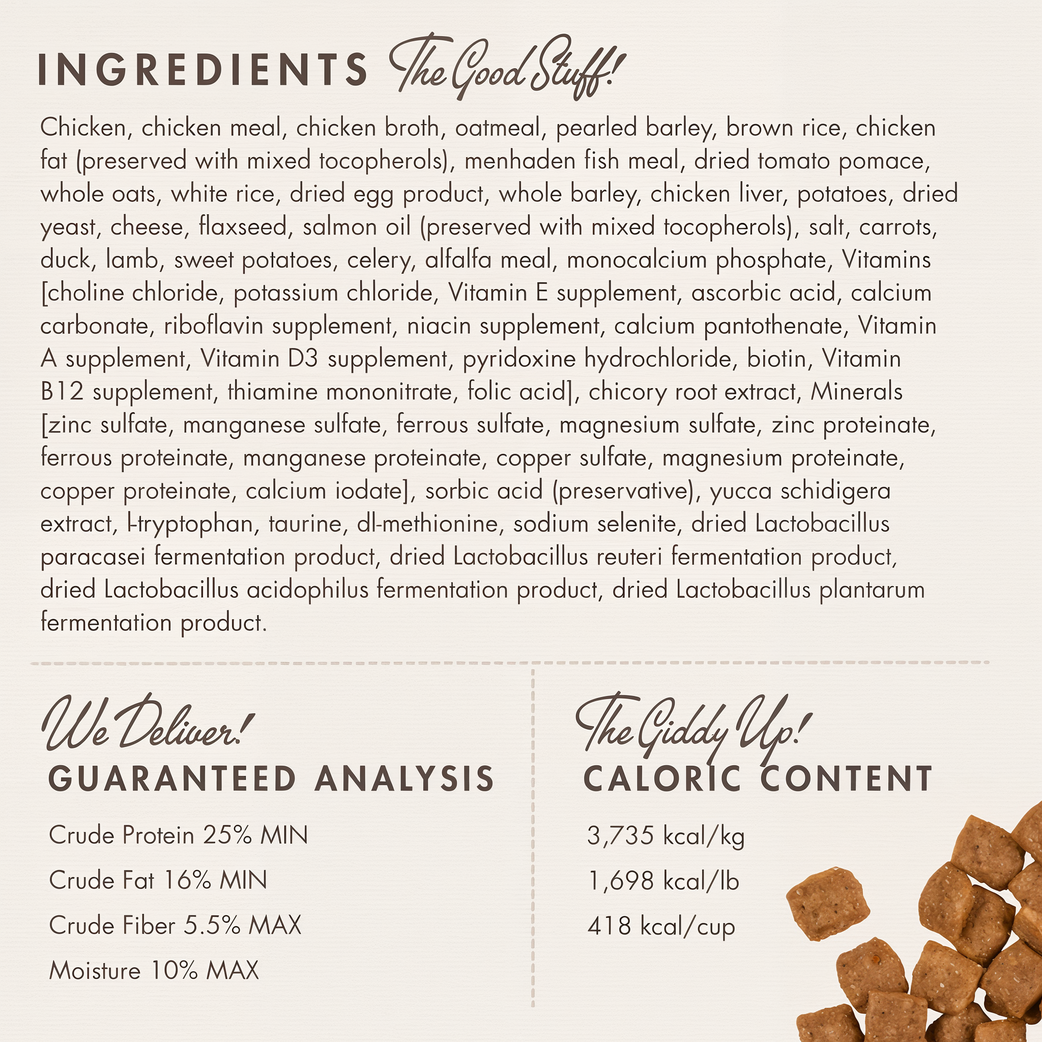 Fromm Gold Adult ingredients panel with guaranteed analysis and caloric content