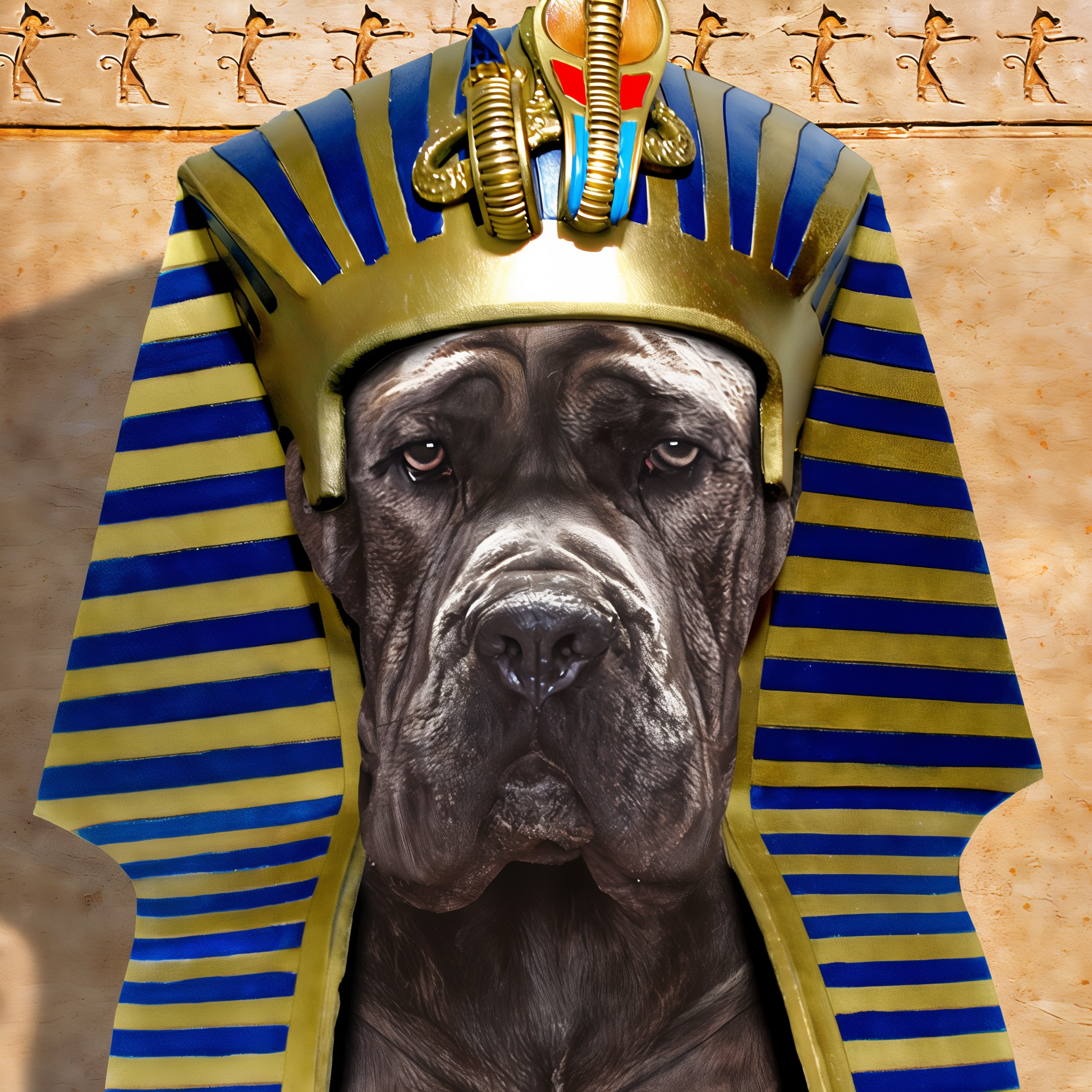 Dog wearing a golden pharaoh headdress in front of a hieroglyph wall