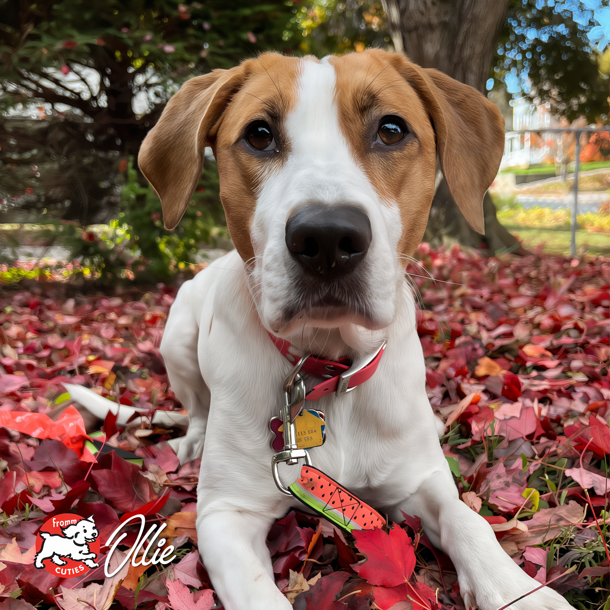 Dog Ollie lying in red autumn leaves, from the Fromm Cuties gallery