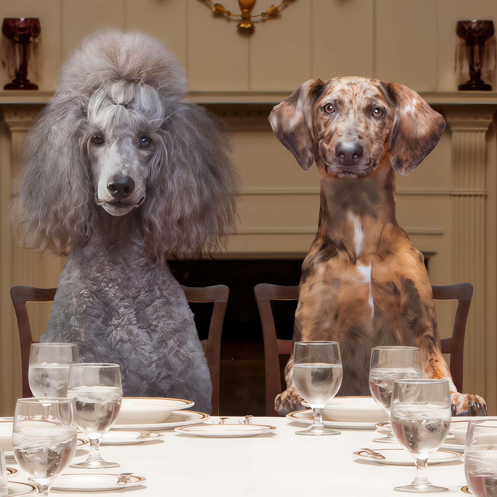 Two dogs seated at a formal dinner table set with plates and water glasses