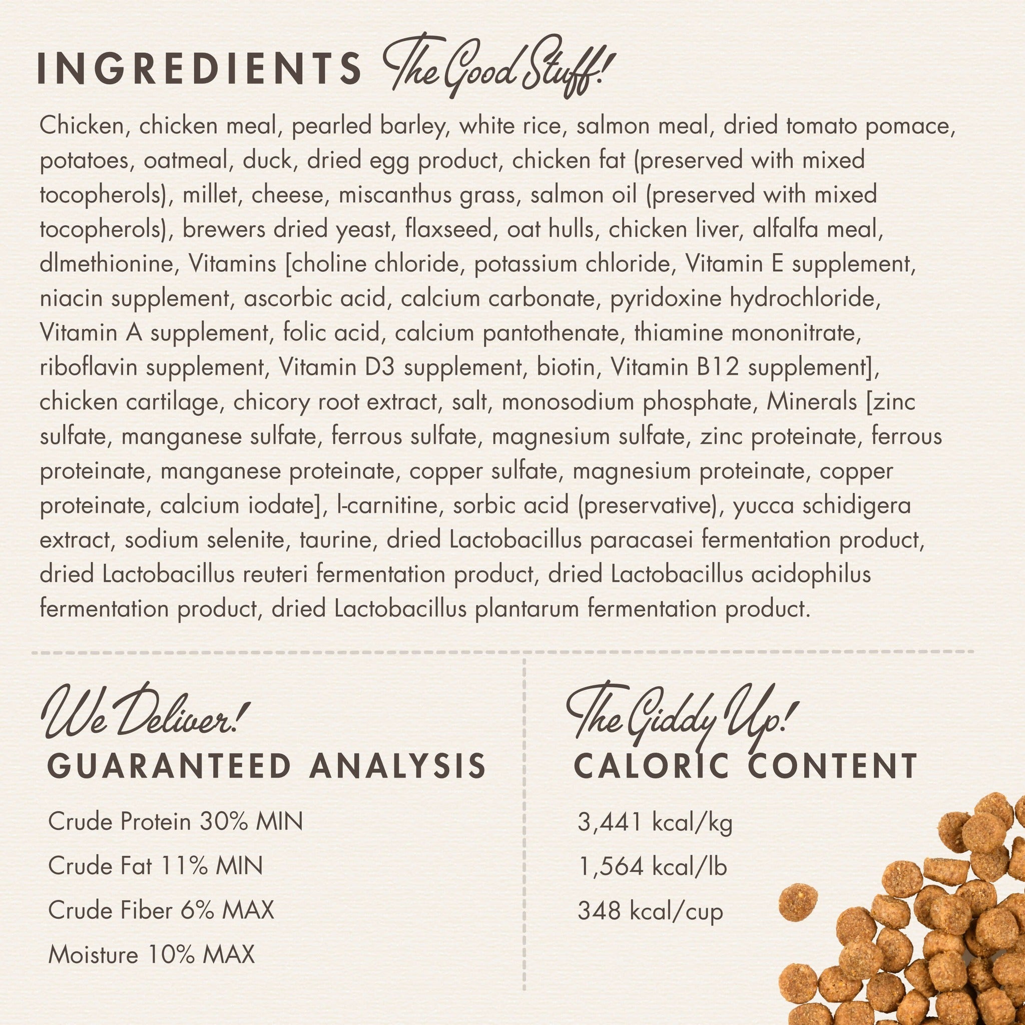 Fromm Gold Healthy Weight ingredients panel with guaranteed analysis and caloric content