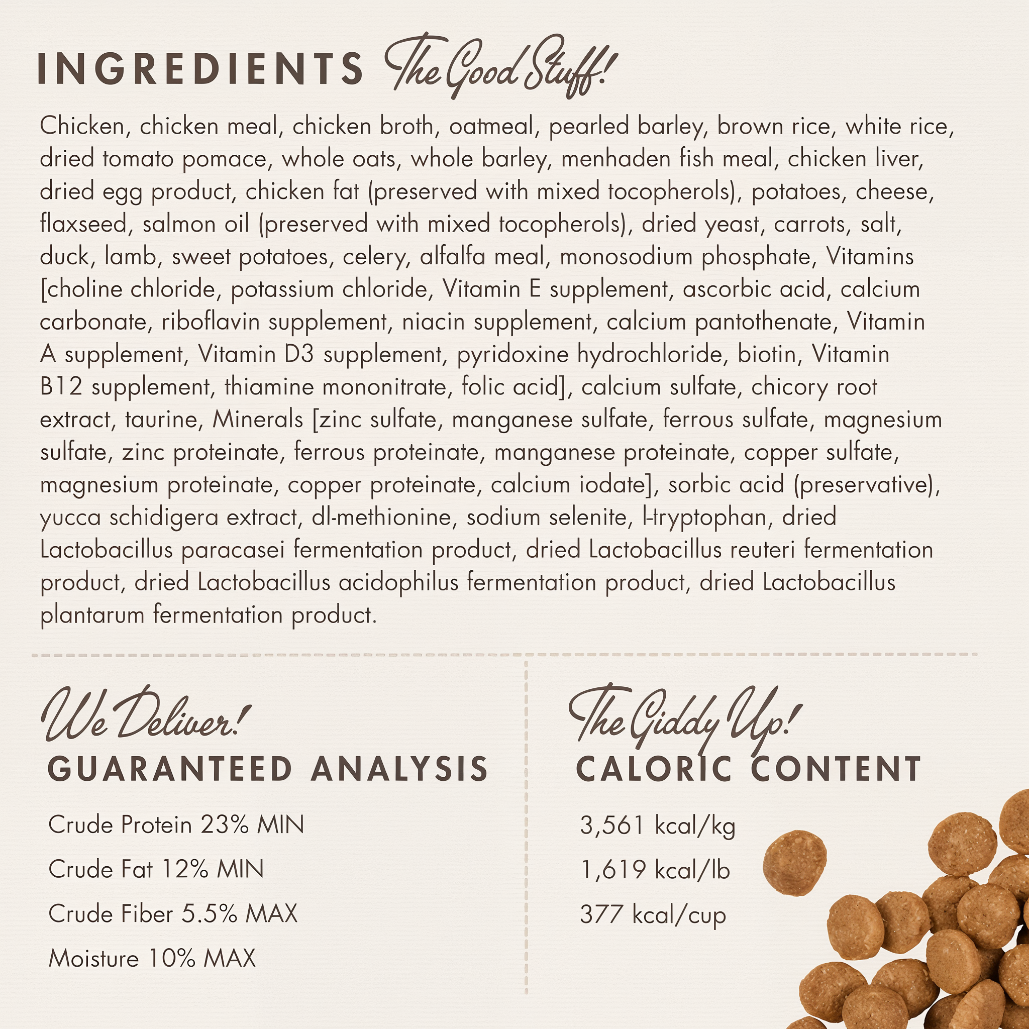 Fromm Gold Large Breed Adult ingredients panel with guaranteed analysis and caloric content